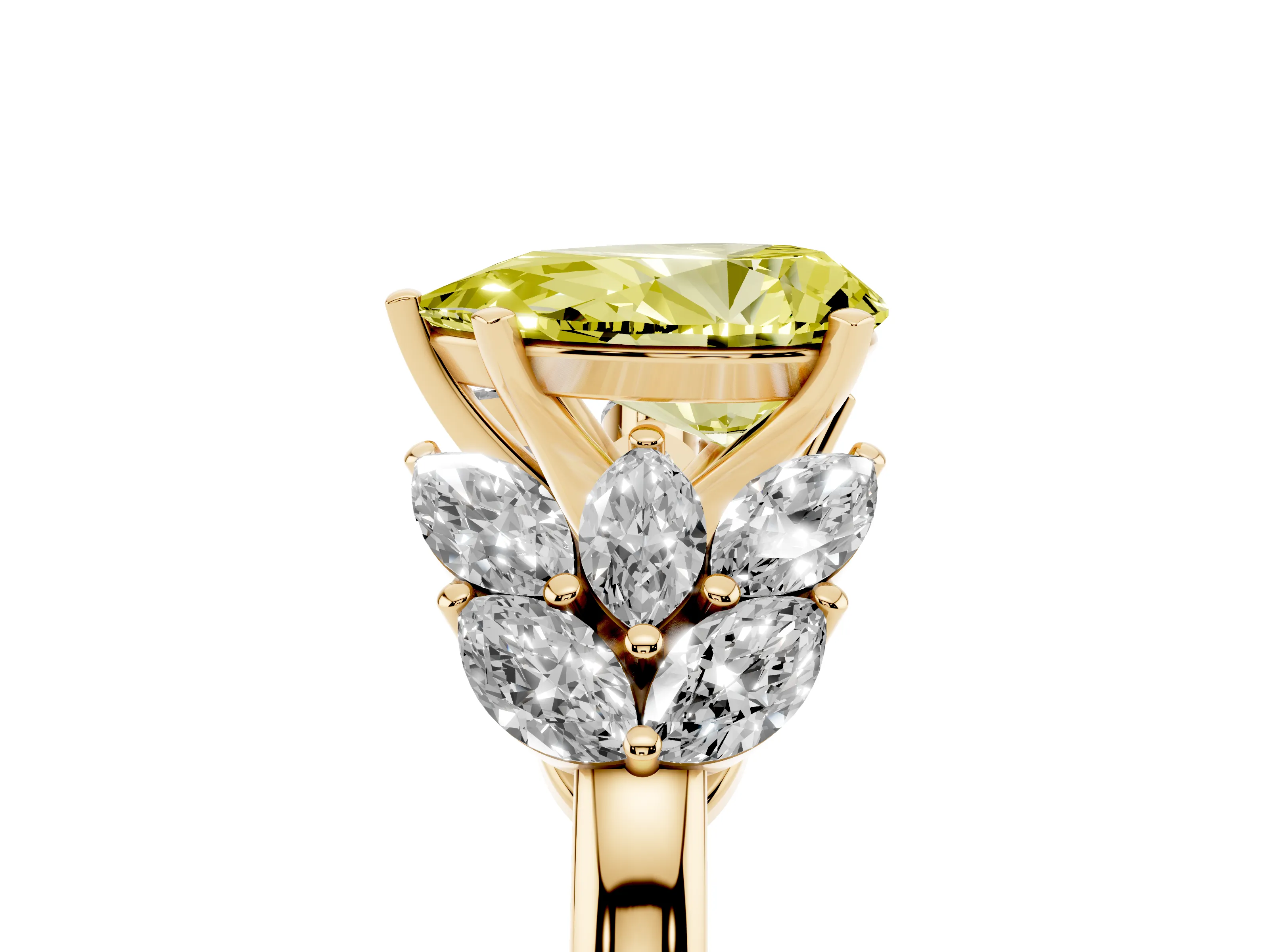 Fancy Yellow Pear Cut Diamond Cluster Leaf Design Ring Set in Yellow gold with Prong Setting