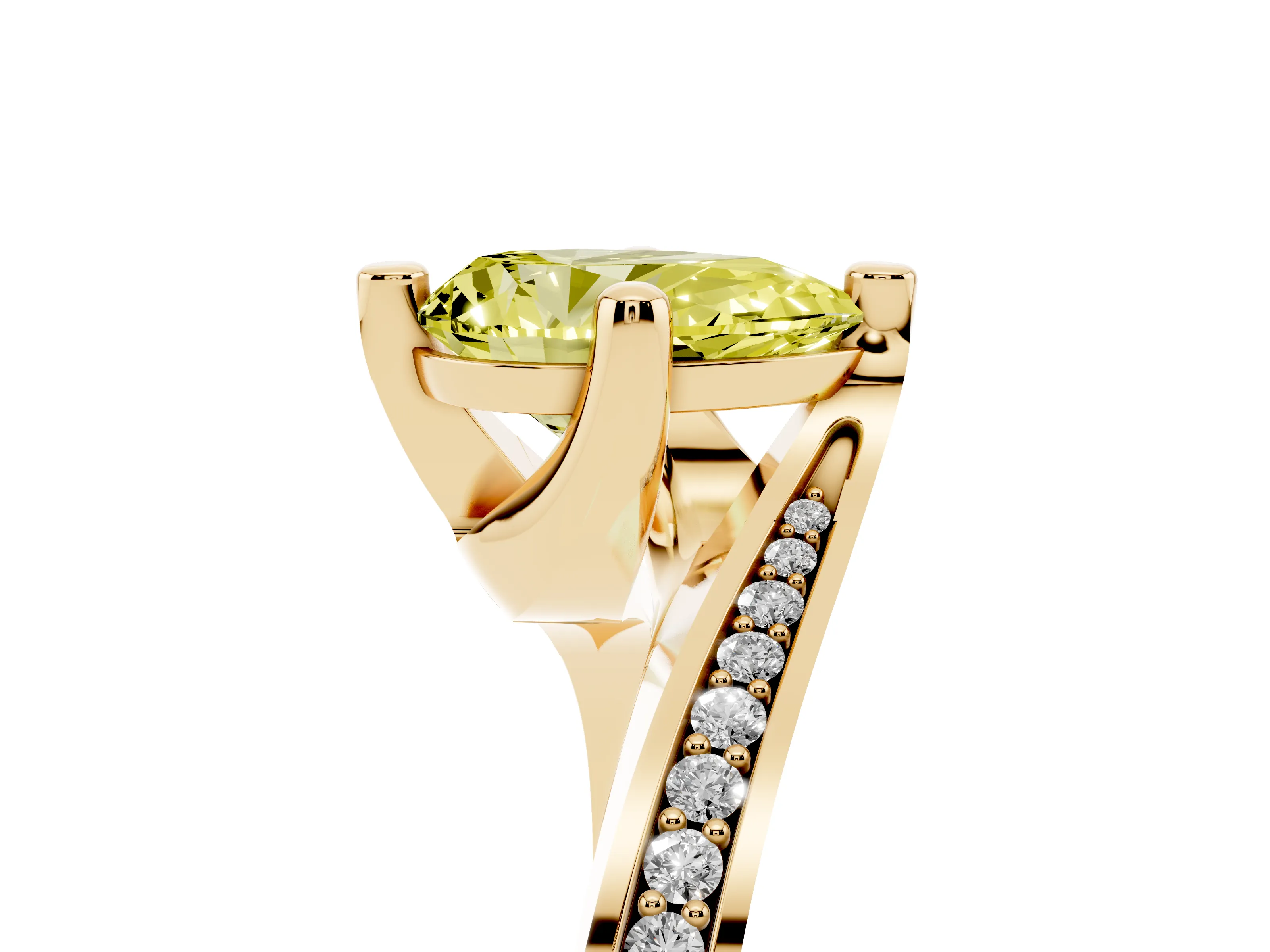 Fancy Yellow Pear Cut Diamond Solitaire Ring Set in Yellow gold with Intertwined Pavé Twist Band