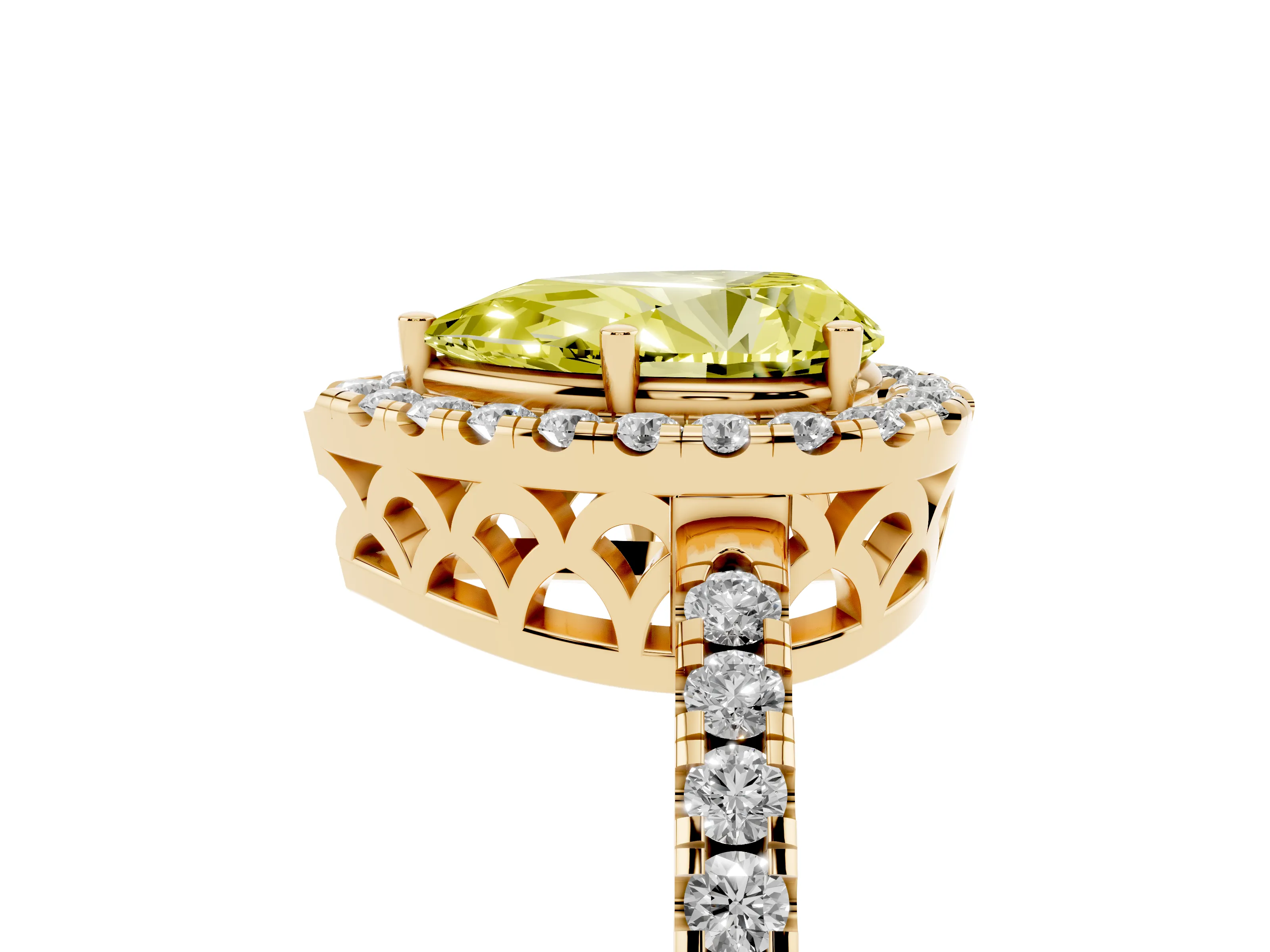 Fancy Yellow Pear Cut Diamond Pavé Band Halo Engagement Ring Set in Yellow gold with Prong Setting