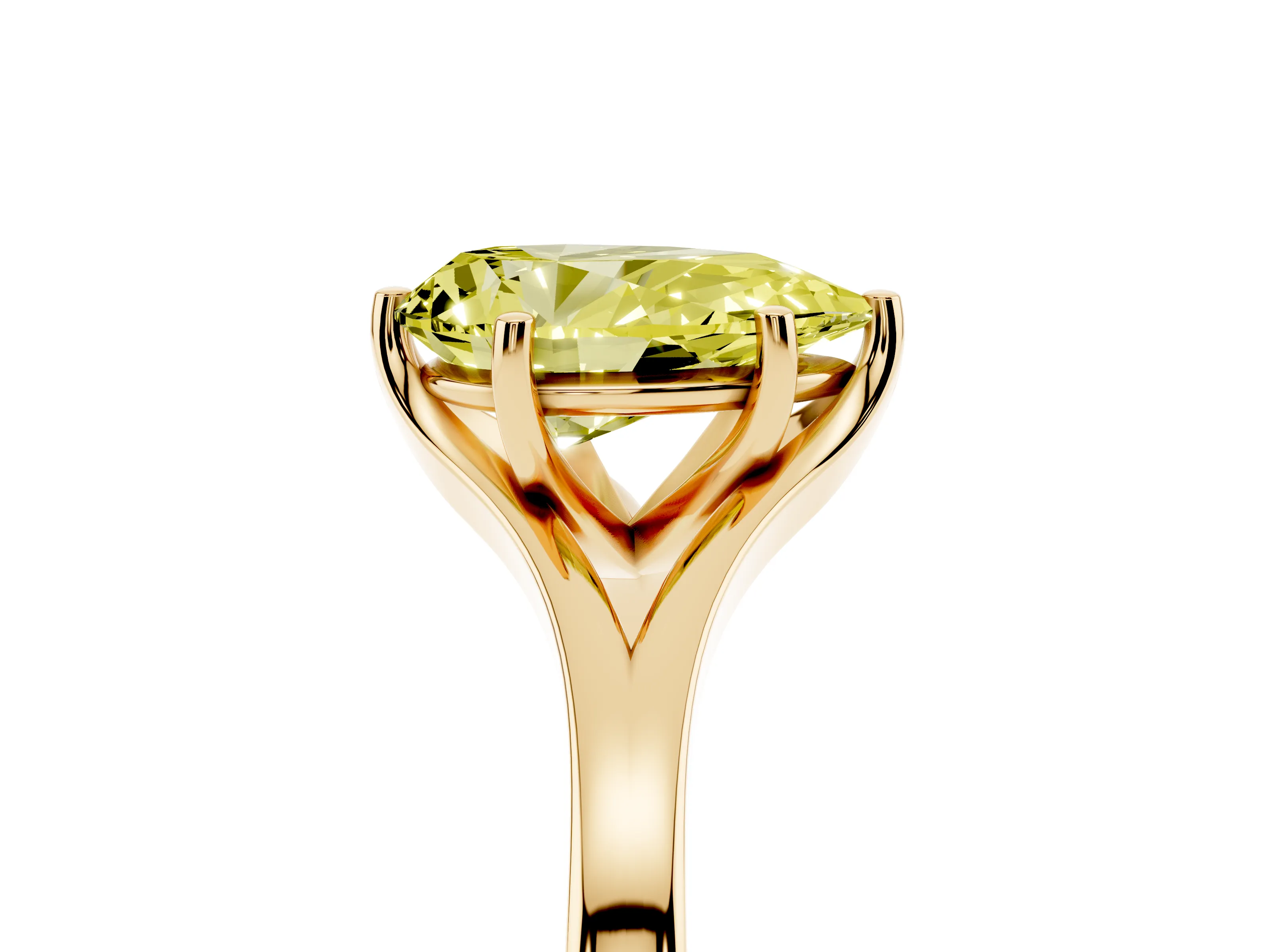 Fancy Yellow Pear Cut Diamond Solitaire Ring Set in Yellow gold with Polished Tapered Band and Prong Setting