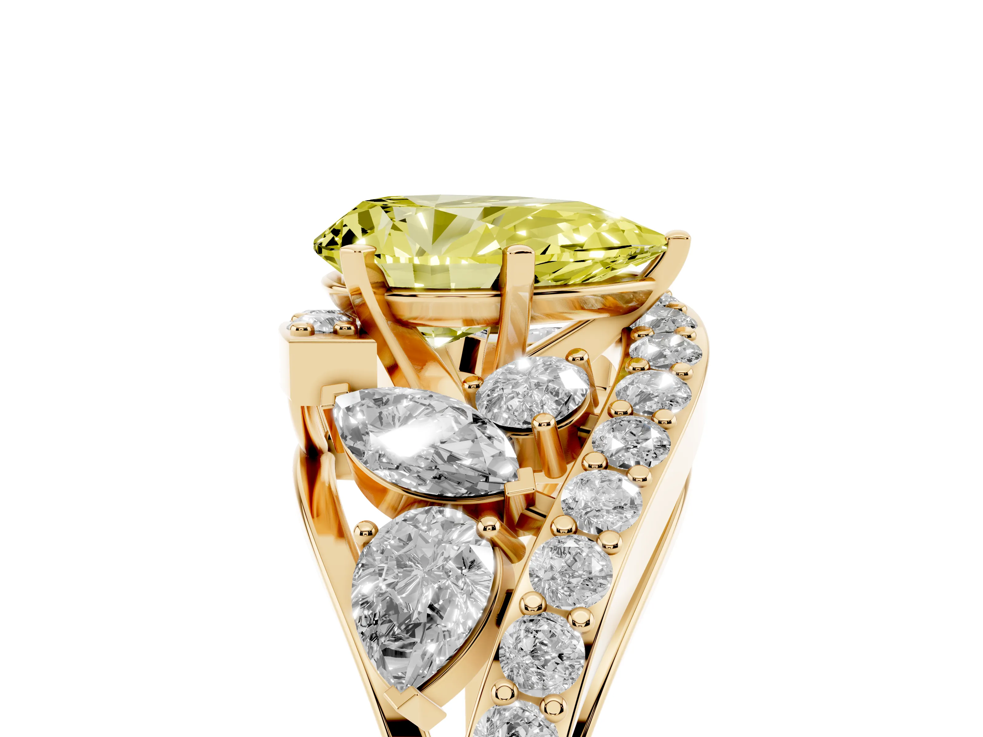 Fancy Yellow Pear Cut Diamond Halo Ring Set in Yellow gold with Marquise and Pavé Band in Prong Setting