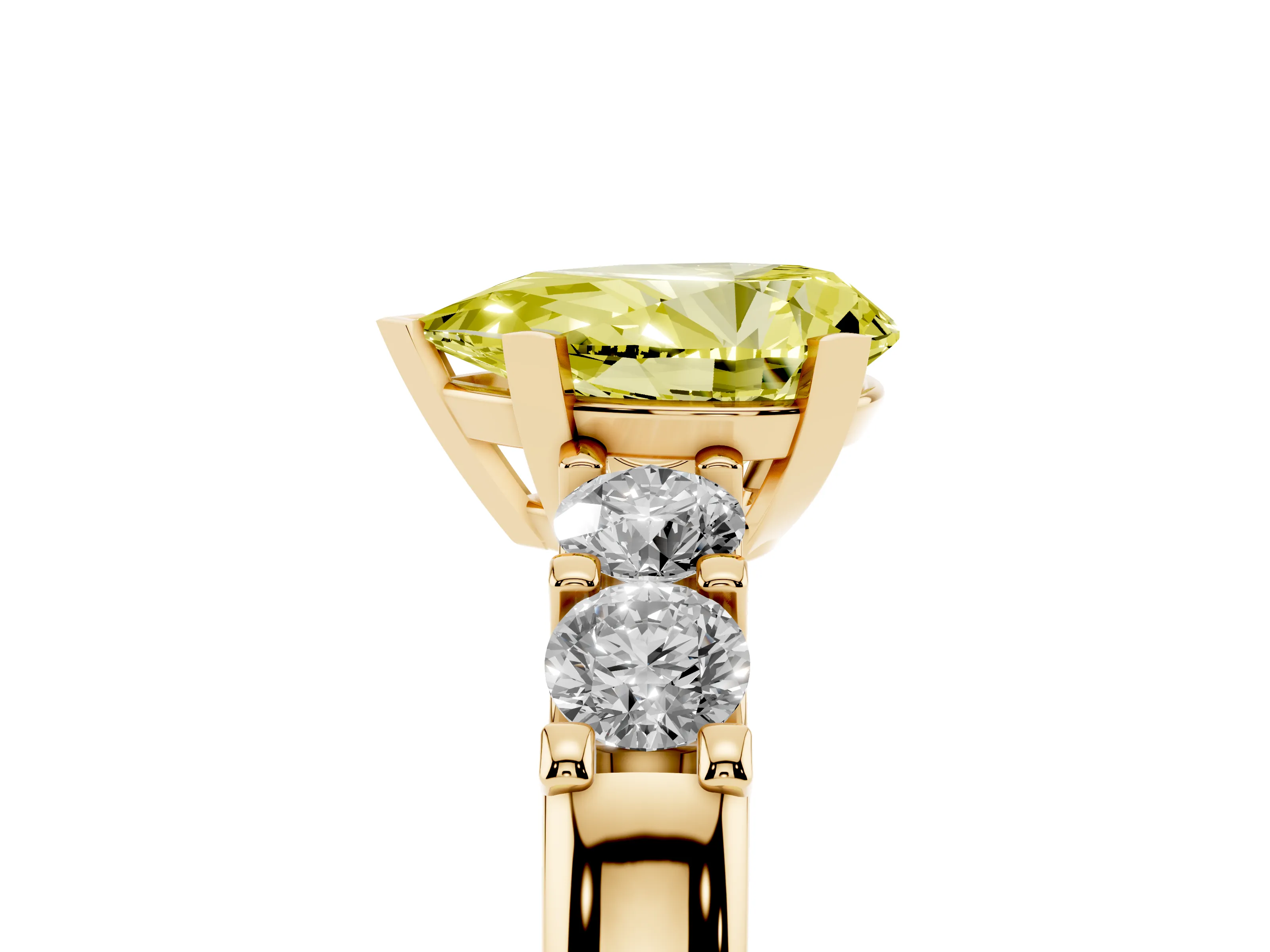 Fancy Yellow Pear Cut Diamond Five-Stone Prong Set Engagement Ring Set in Yellow gold with Channel Band
