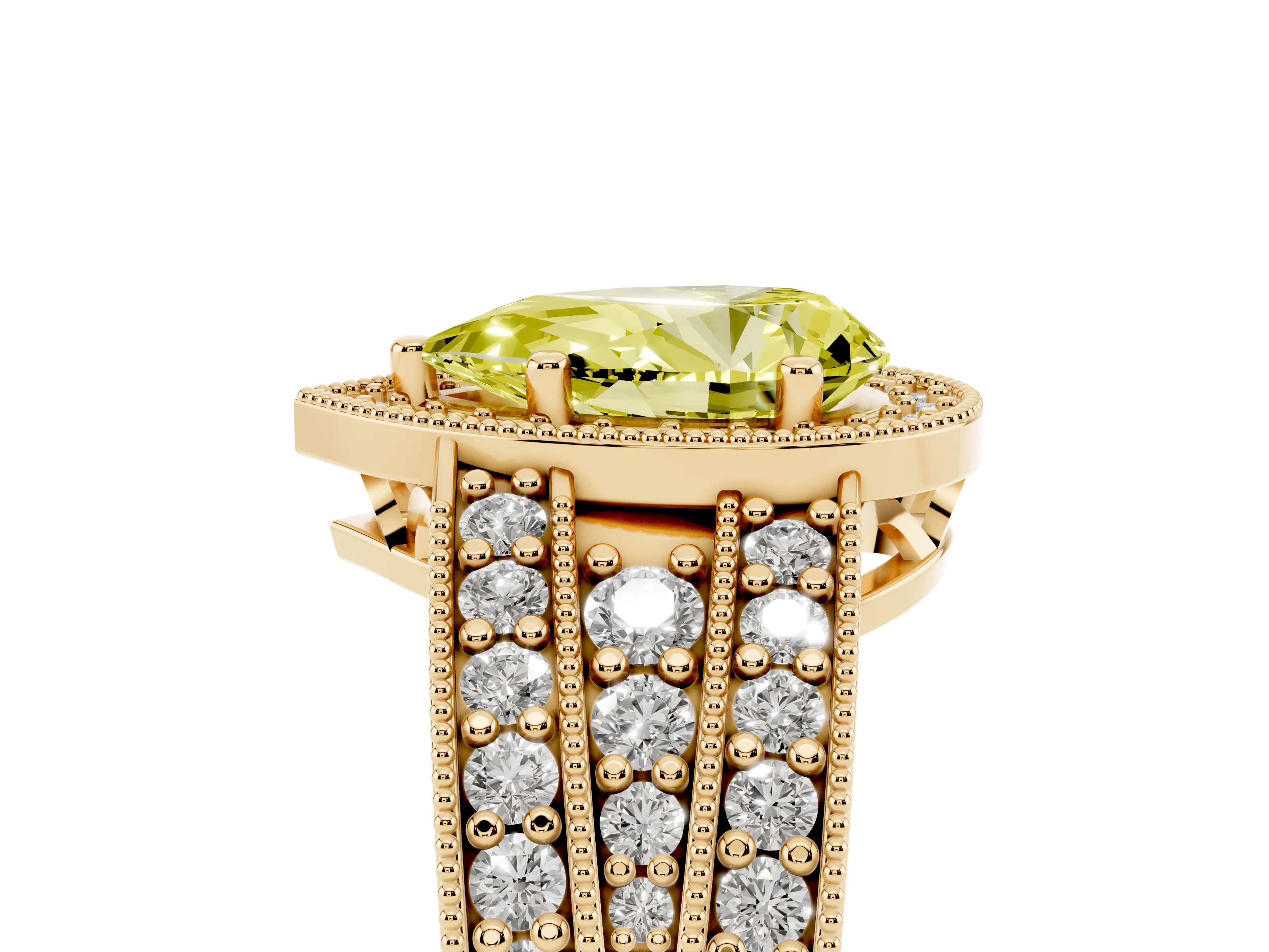 Fancy Yellow Pear Cut Diamond Halo Ring Set in Yellow gold with Accent Split Shank and Prong Setting