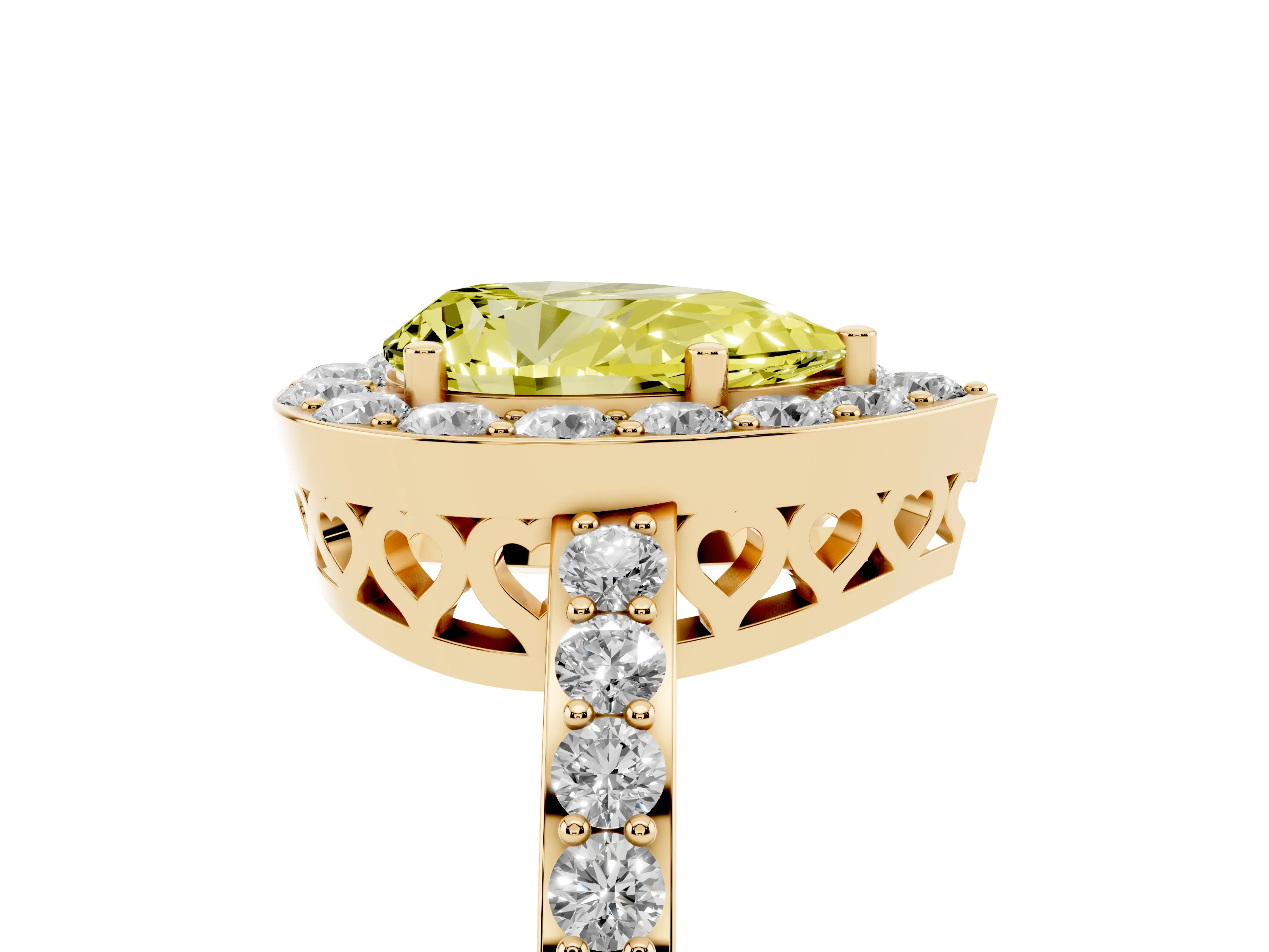 Fancy Yellow Pear Cut Diamond Halo Ring Set in Yellow gold with Pavé-Setting Band and Open Prong Center