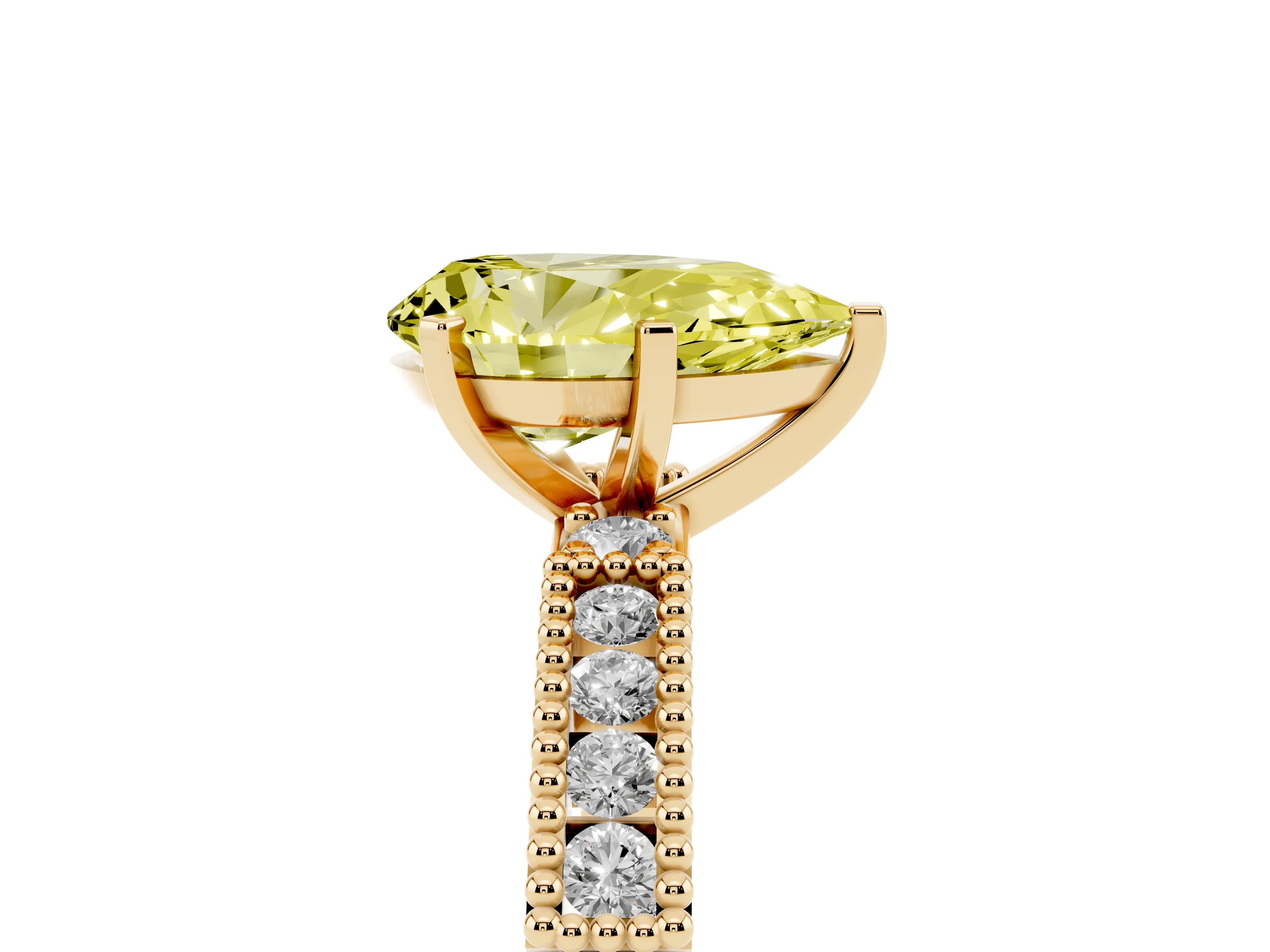 Fancy Yellow Pear Cut Diamond Solitaire Ring Set in Yellow gold with Slim Pavé Band and Prong Setting