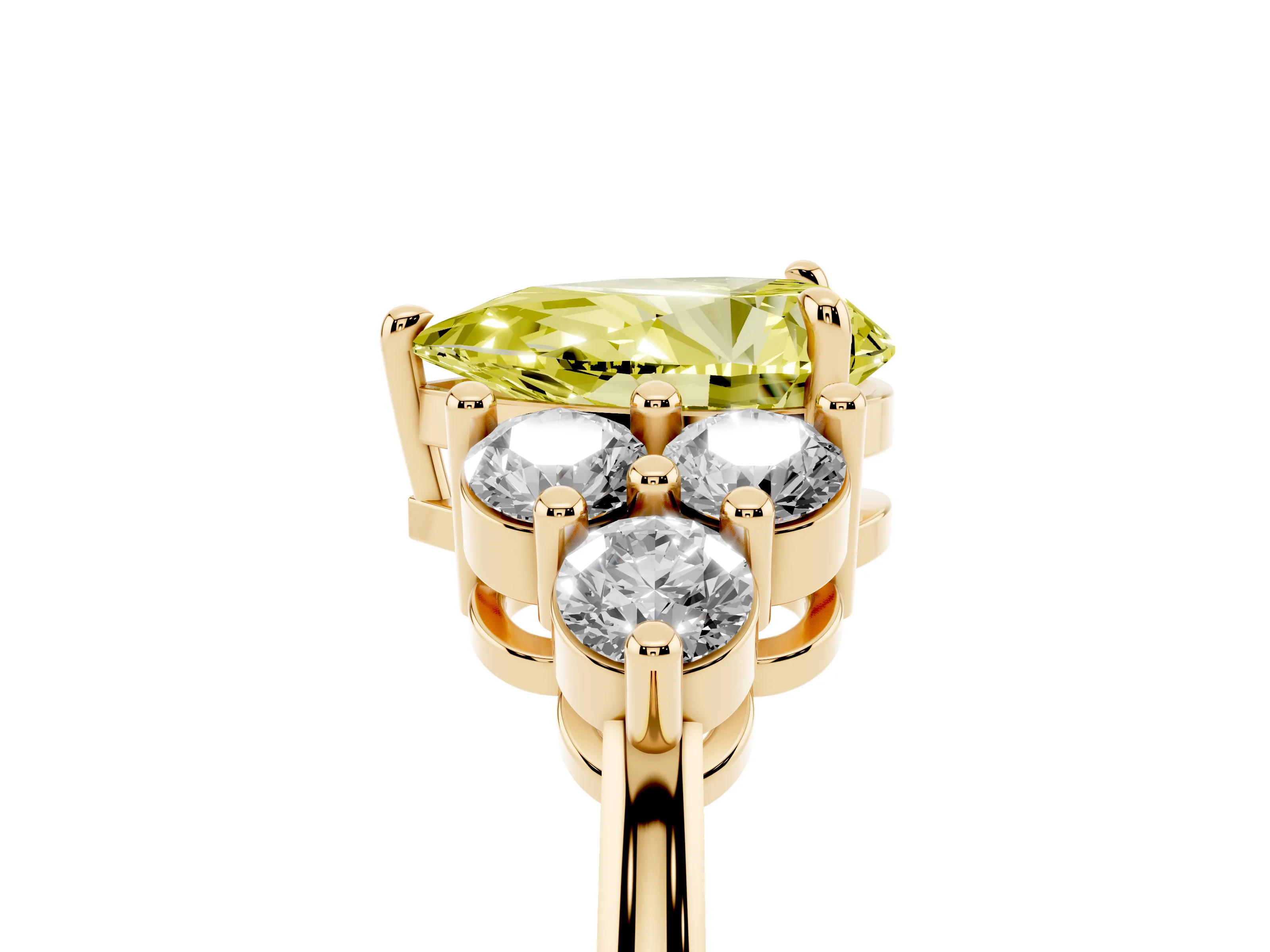 Fancy Yellow Pear Cut Diamond Solitaire Ring Set in Yellow gold with Cluster Accents on Each Side
