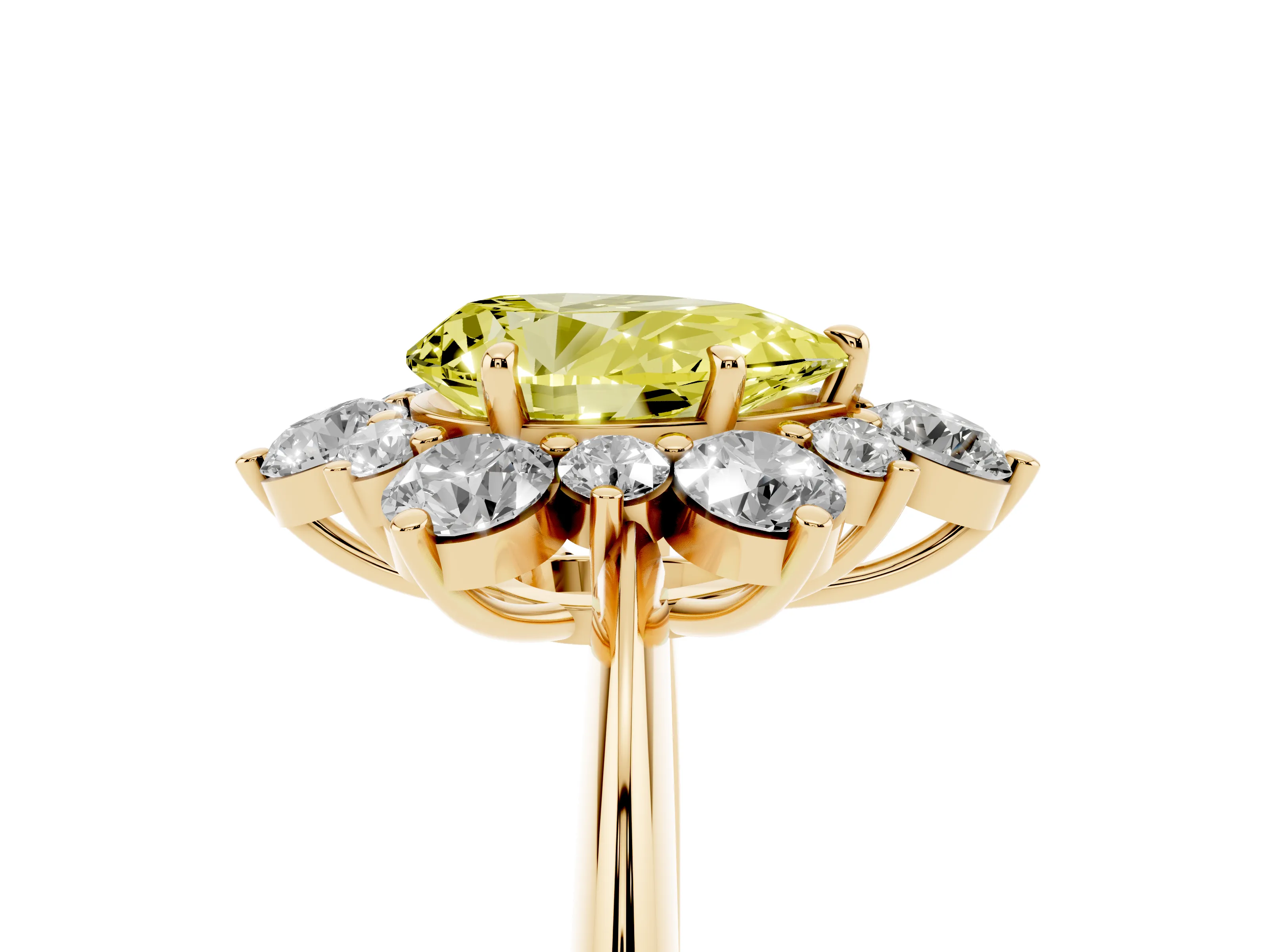 Fancy Yellow Pear Cut Diamond Cluster Halo Ring Set in Yellow gold with Solitaire Band and Prong Setting