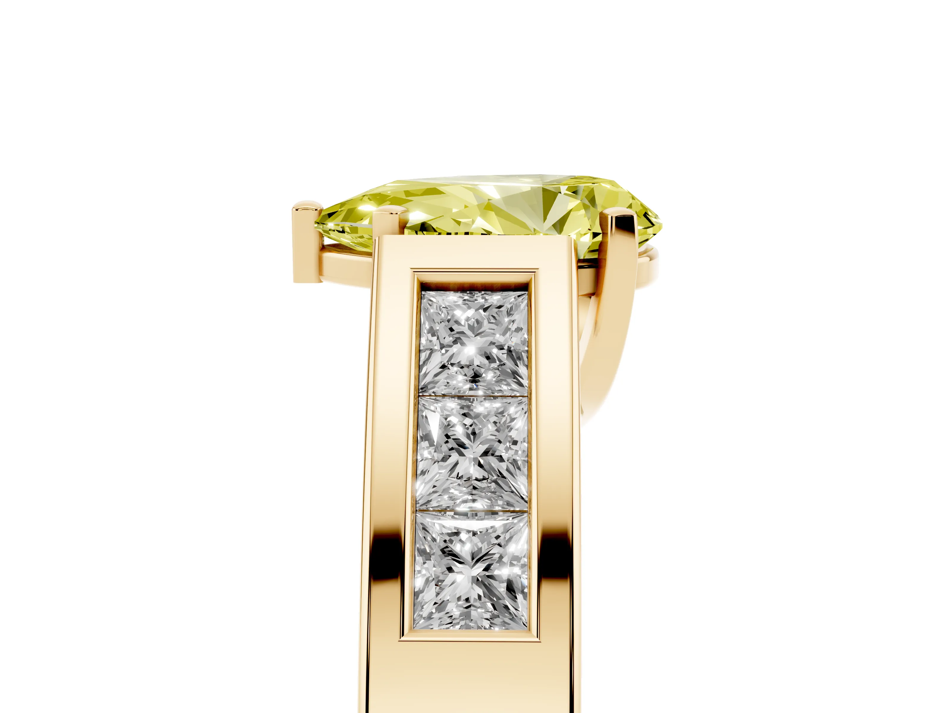 Fancy Yellow Pear Cut Diamond Solitaire Ring Set in Yellow gold with Channel-Set Accent Stones and Prong Setting