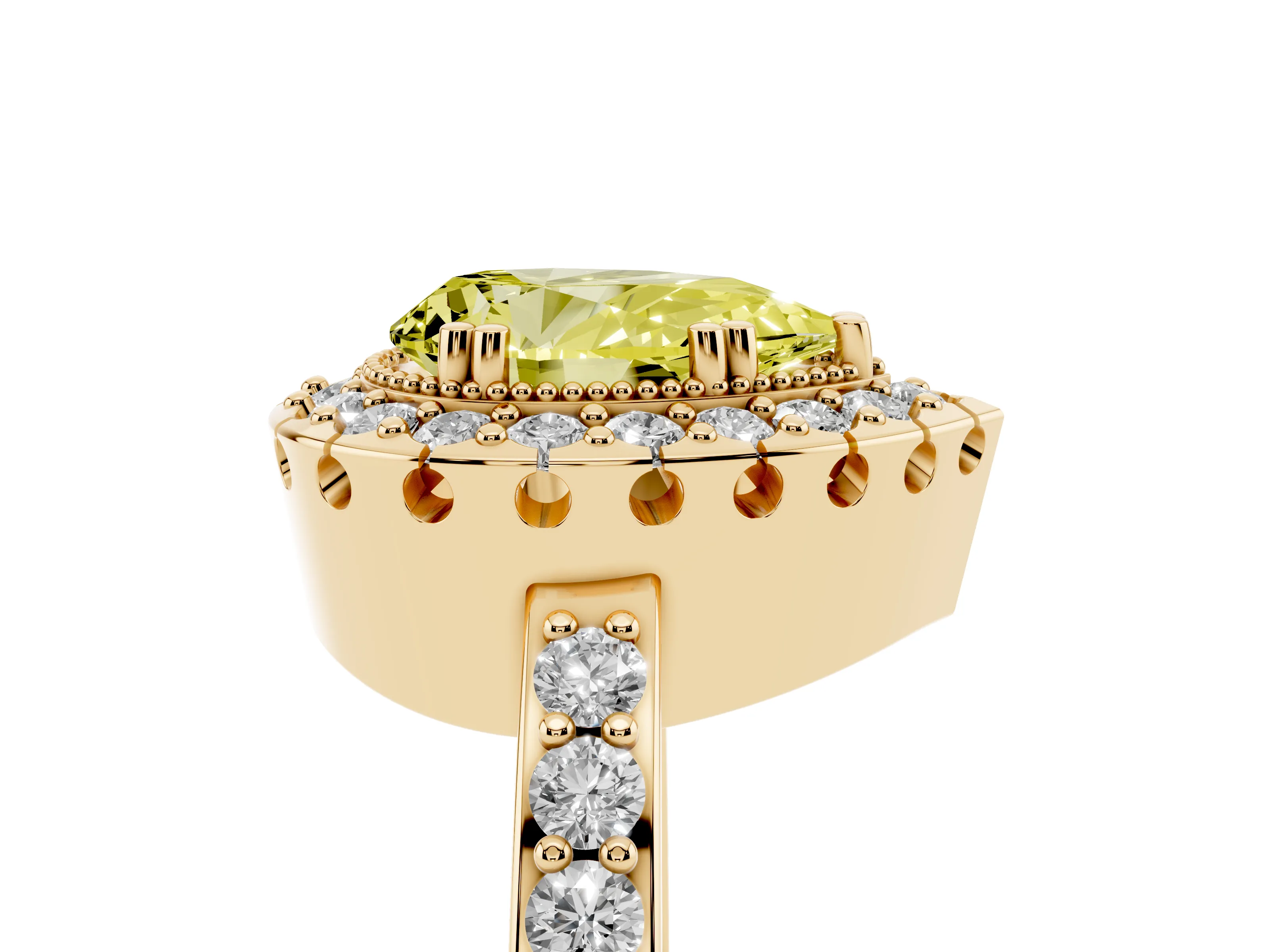 Fancy Yellow Pear Cut Diamond Halo Ring Set in Yellow gold with Pavé Shank and Prong Setting