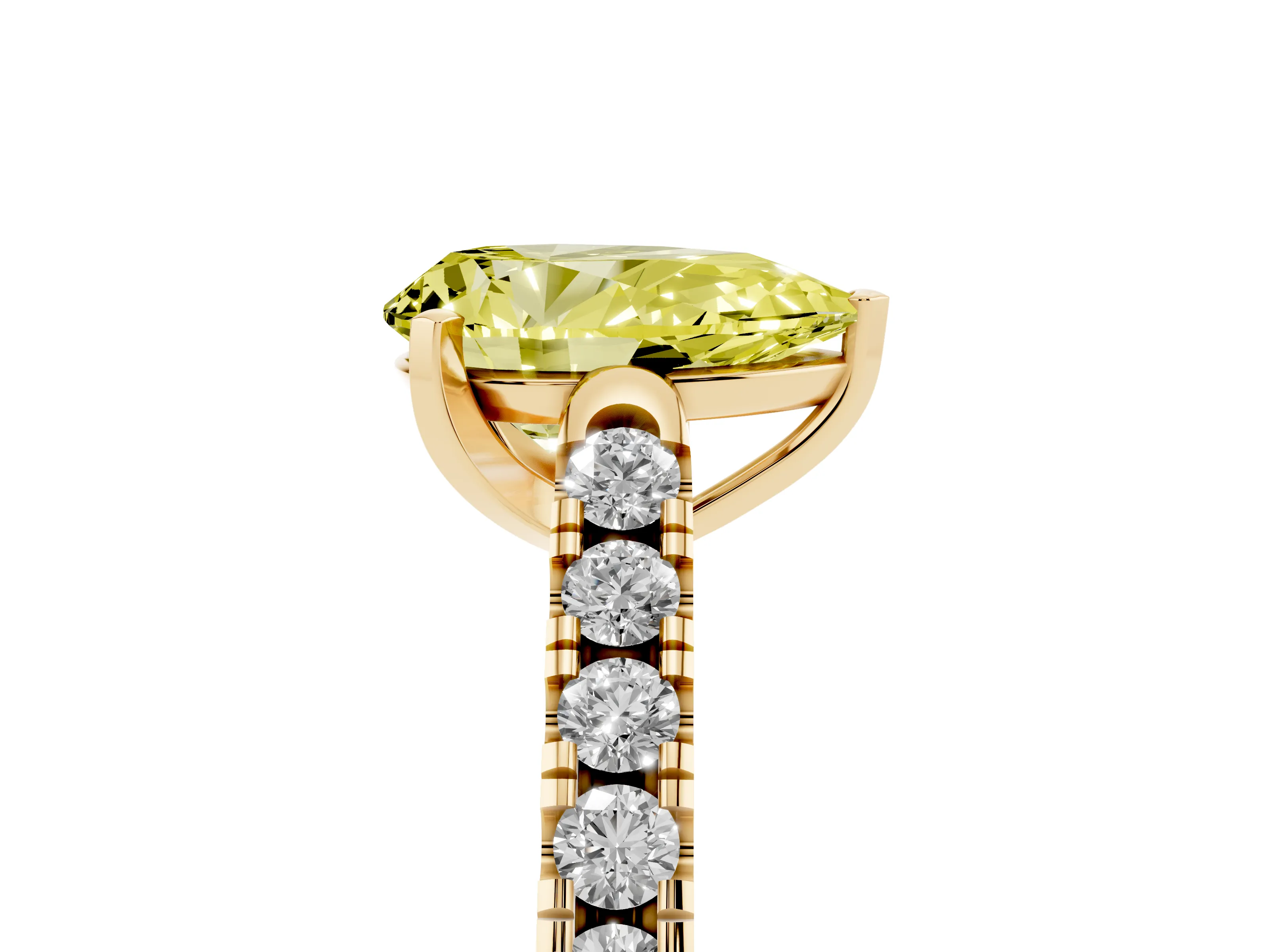 Fancy Yellow Pear Cut Diamond Pavé Band Solitaire Ring Set in Yellow gold with Partway Accent Stones and Prong Setting