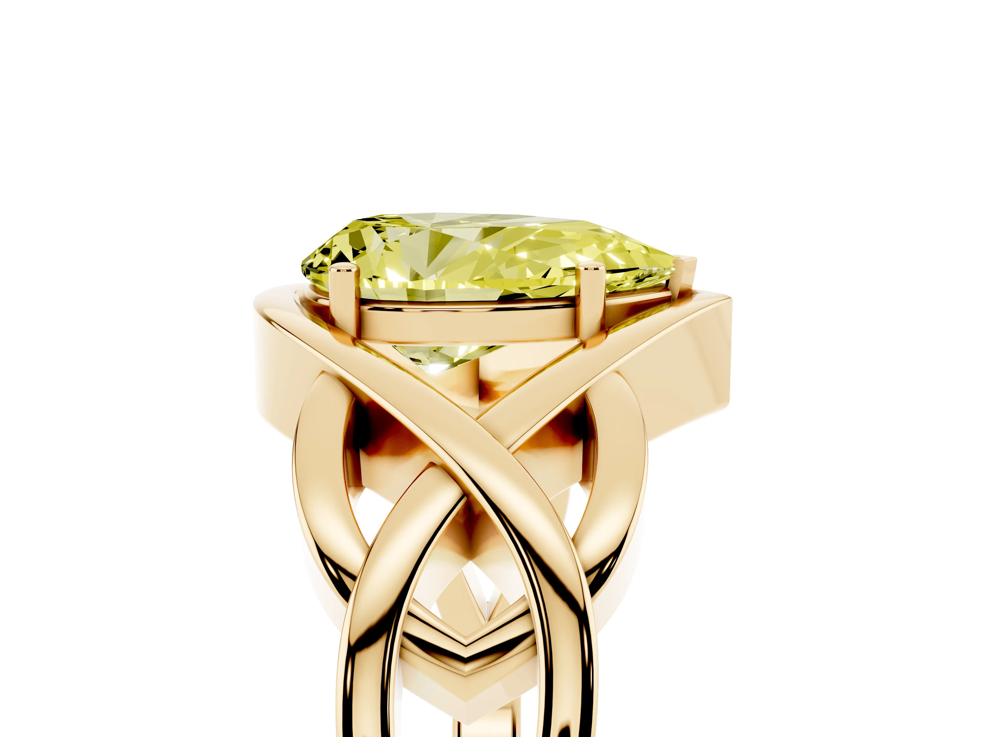 Fancy Yellow Pear Cut Diamond Solitaire Ring Set in Yellow gold with Intertwined Band