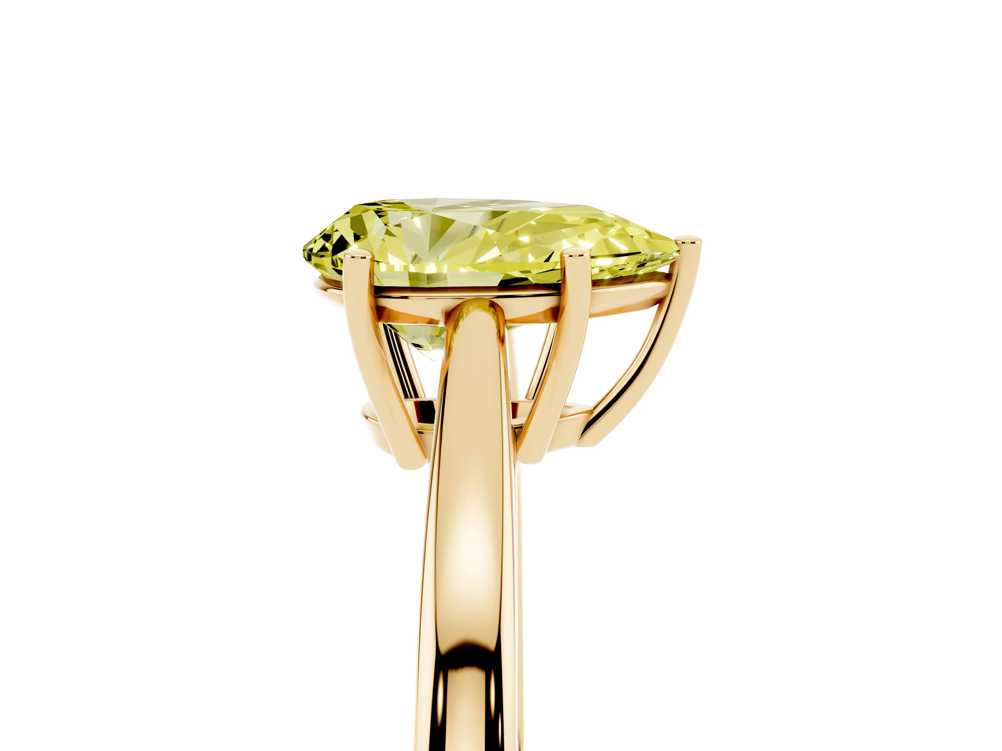 Fancy Yellow Pear Cut Diamond Solitaire Ring Set in Yellow gold with Split Shank and Prong Setting