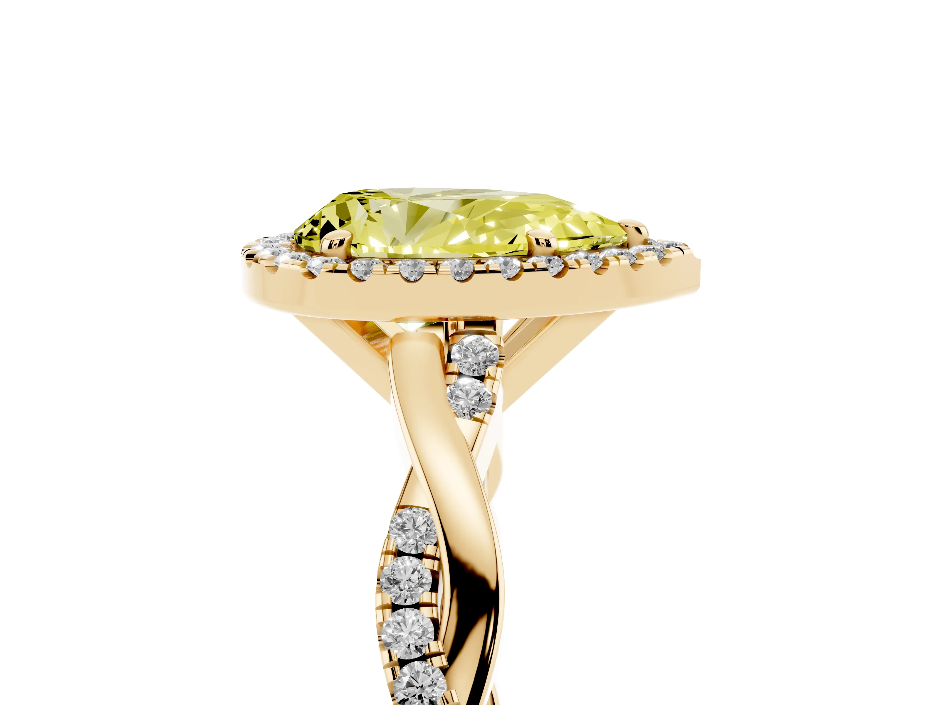 Fancy Yellow Pear Cut Diamond Halo Twisted Band Ring Set in Yellow gold with Prong Setting