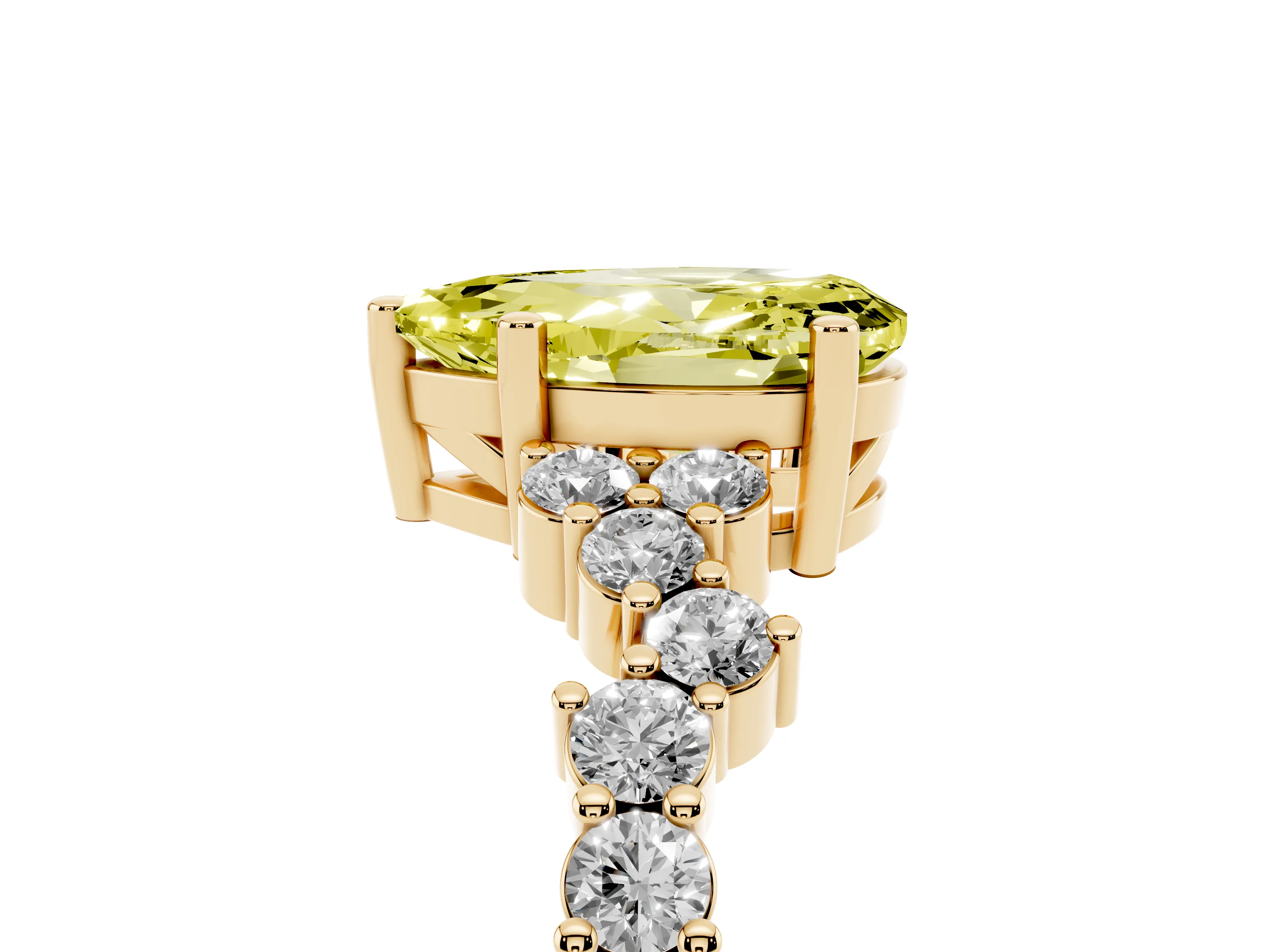 Fancy Yellow Pear Cut Diamond Ring Set in Yellow gold with Scattered Round Accents