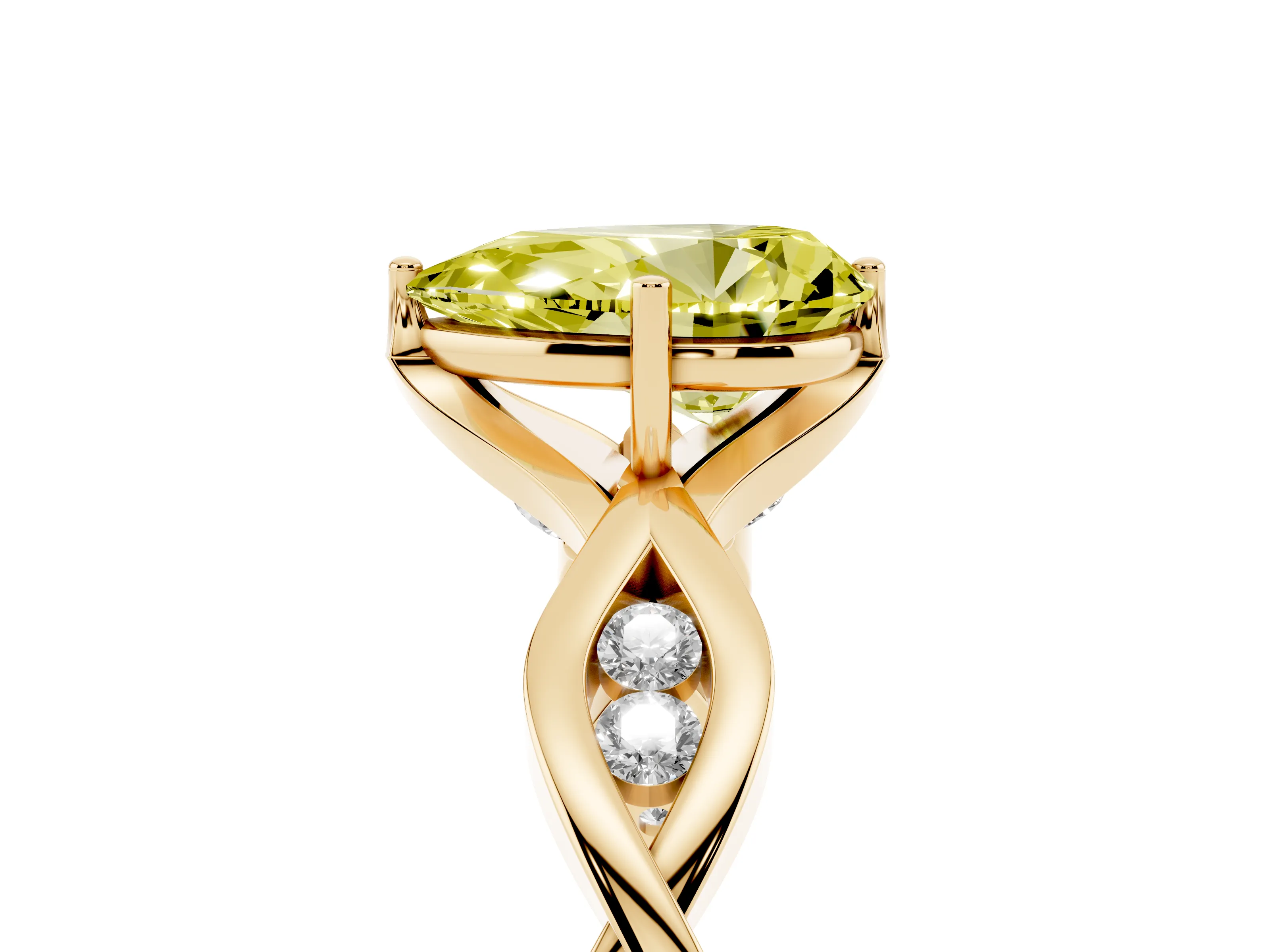 Fancy Yellow Pear Cut Diamond Twist Band Solitaire Ring Set in Yellow gold with Leaf Prong Setting and Accent Stones