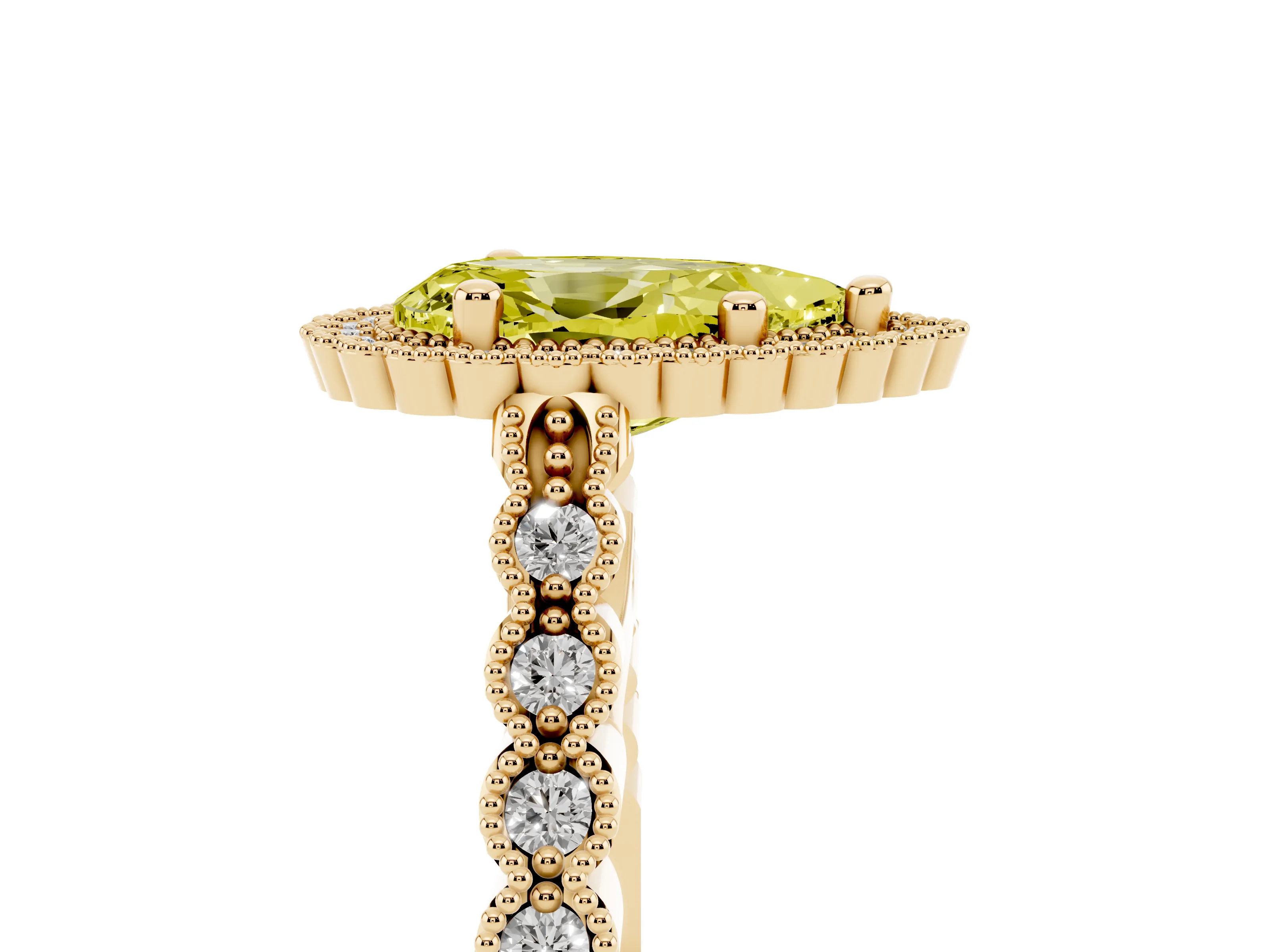 Fancy Yellow Pear Cut Diamond Halo Ring Set in Yellow gold with Pavé Milgrain Band