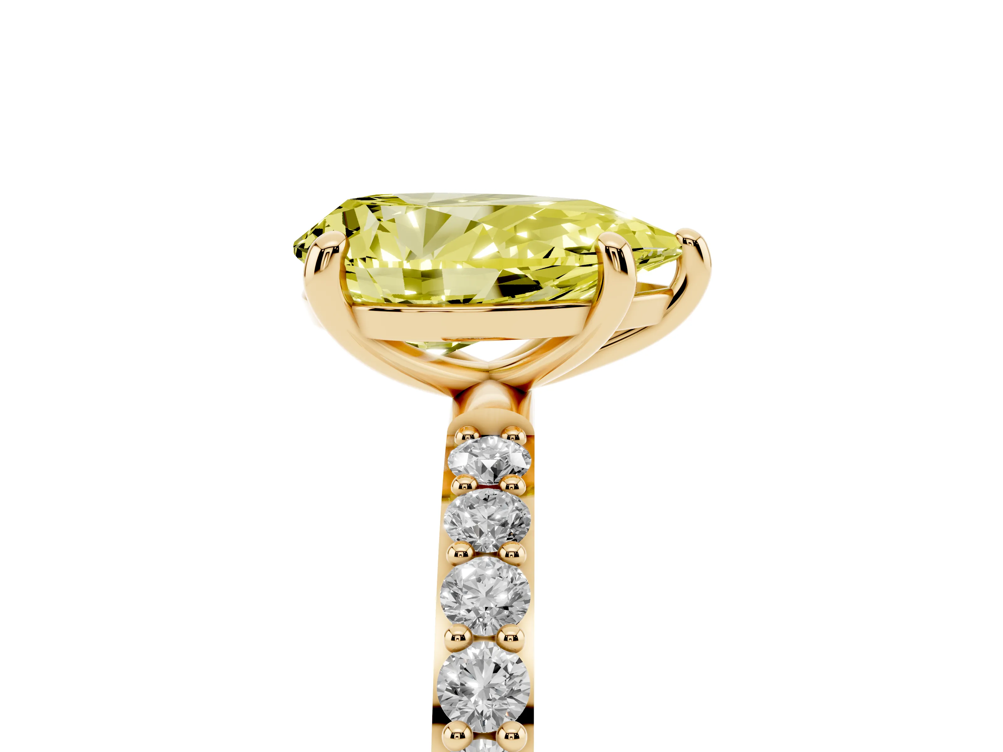 Fancy Yellow Pear Cut Diamond Solitaire Ring Set in Yellow gold with Round Pavé Band and Prong Setting