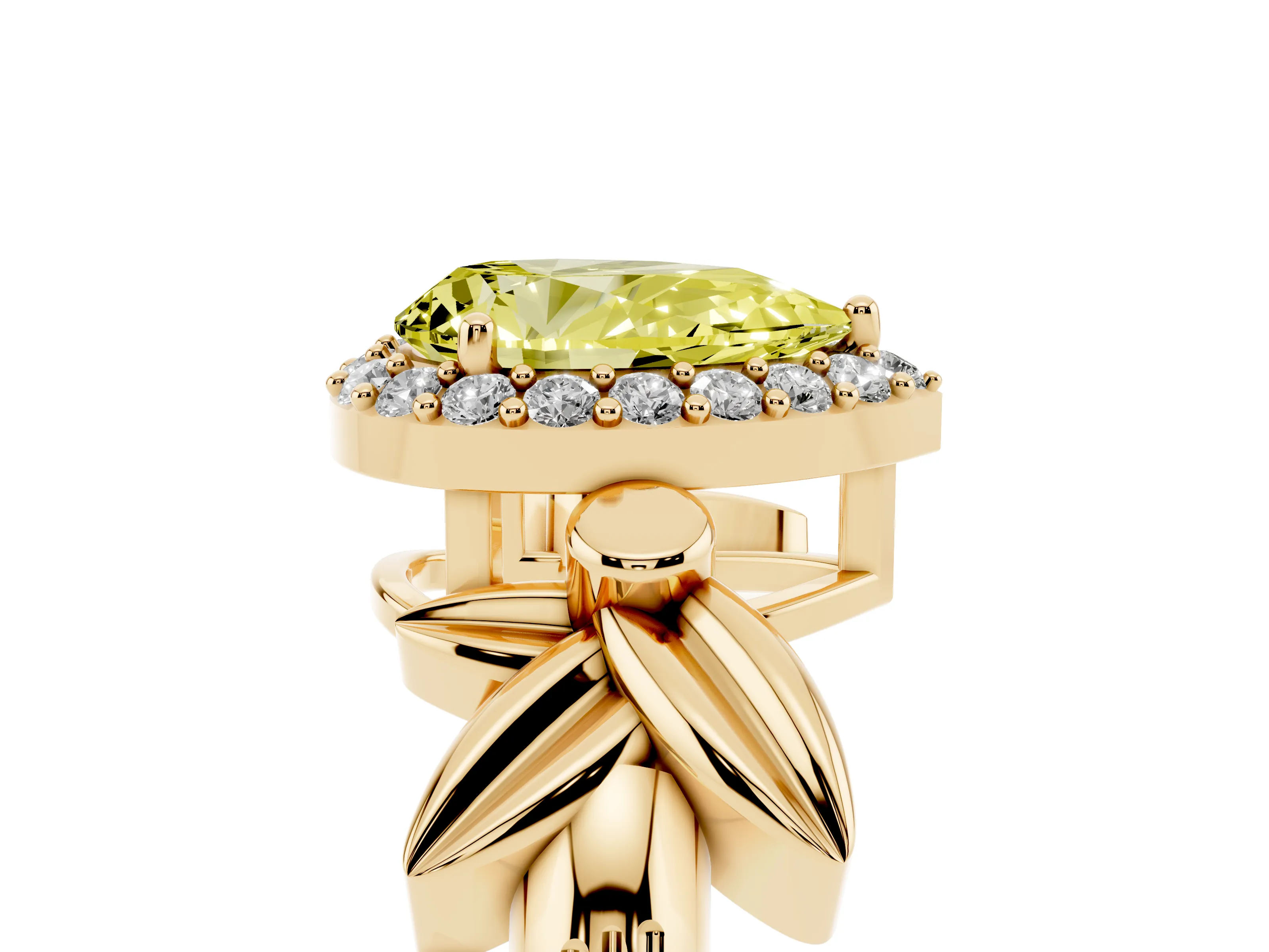 Fancy Yellow Pear Cut Diamond Halo Floral Band Ring Set in Yellow gold with Prong Setting