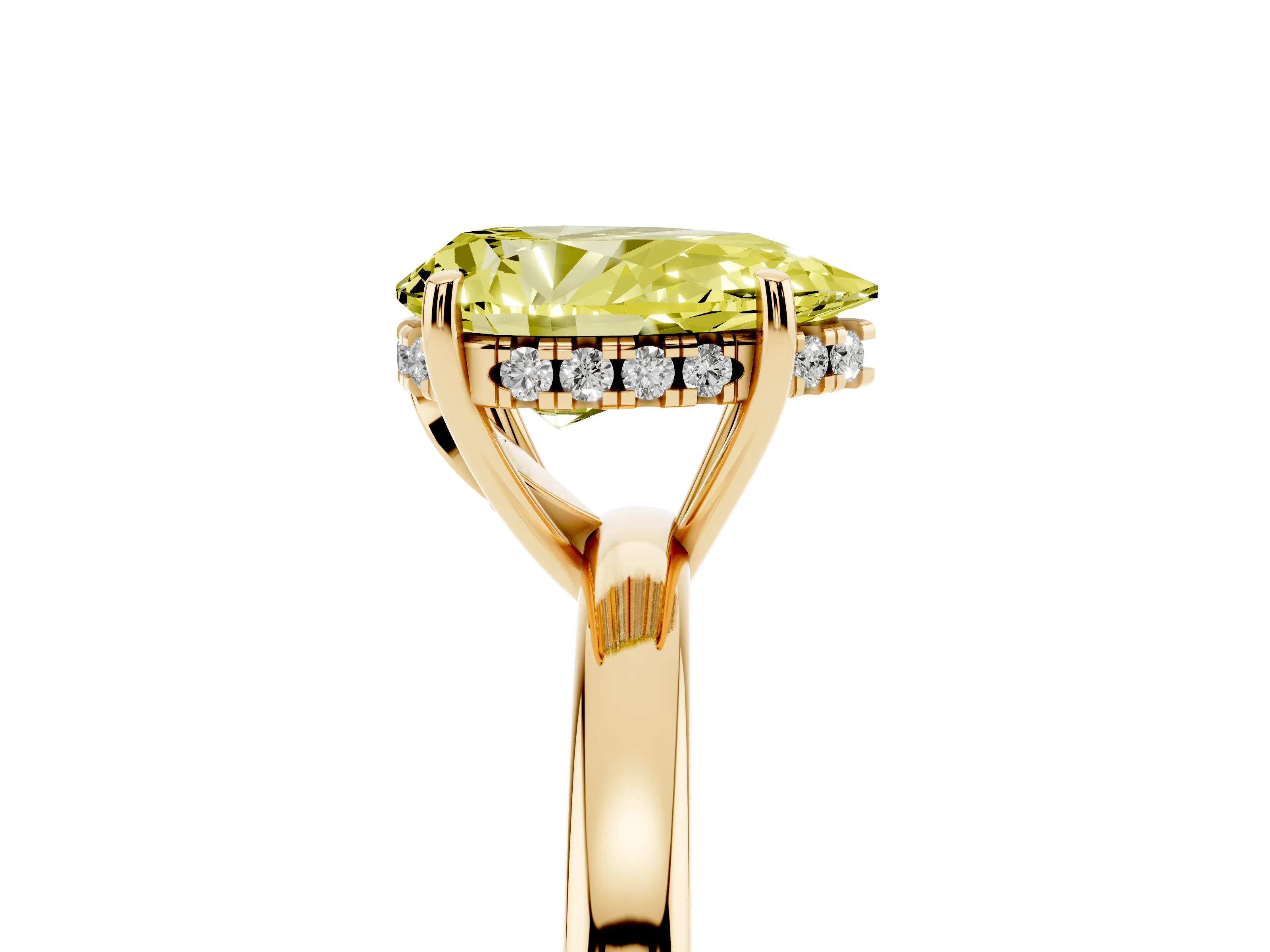 Fancy Yellow Pear Cut Diamond Solitaire Ring Set in Yellow gold with Plain Band and Prong Setting