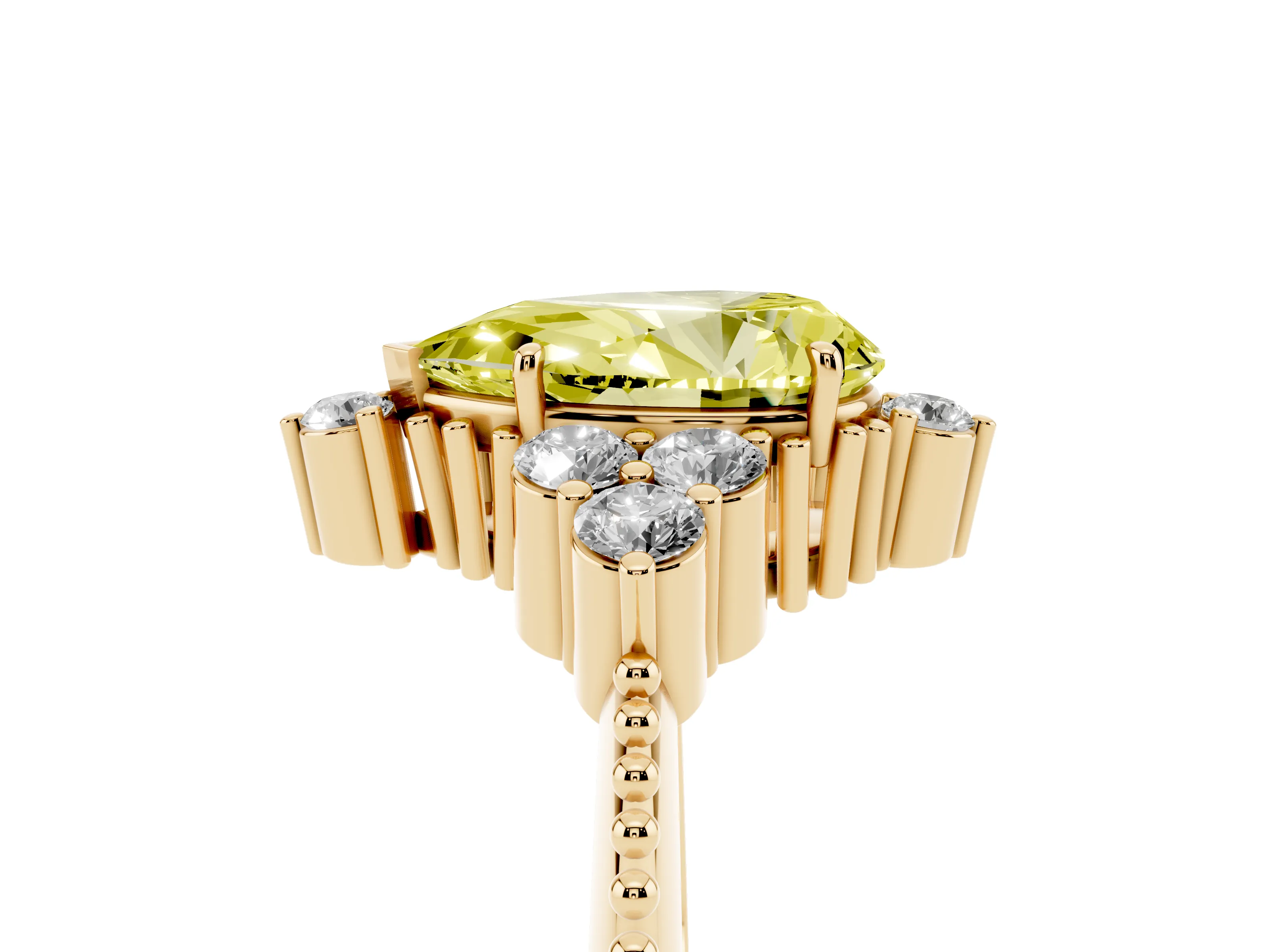 Fancy Yellow Pear Cut Diamond Cluster Ring Set in Yellow gold with Beaded Band