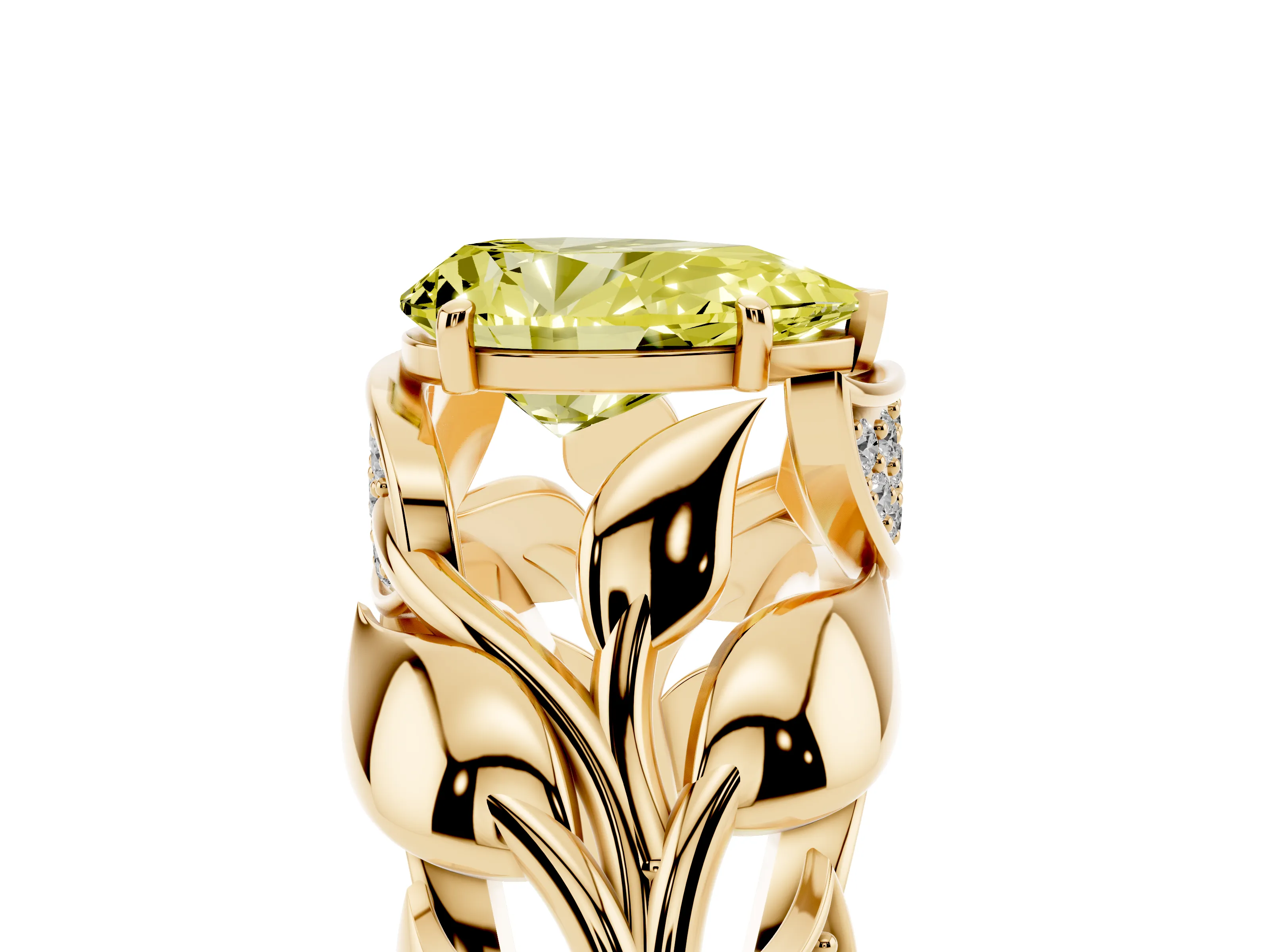 Fancy Yellow Pear Cut Diamond Leaf-Inspired Engagement Ring Set in Yellow gold with Round Accents