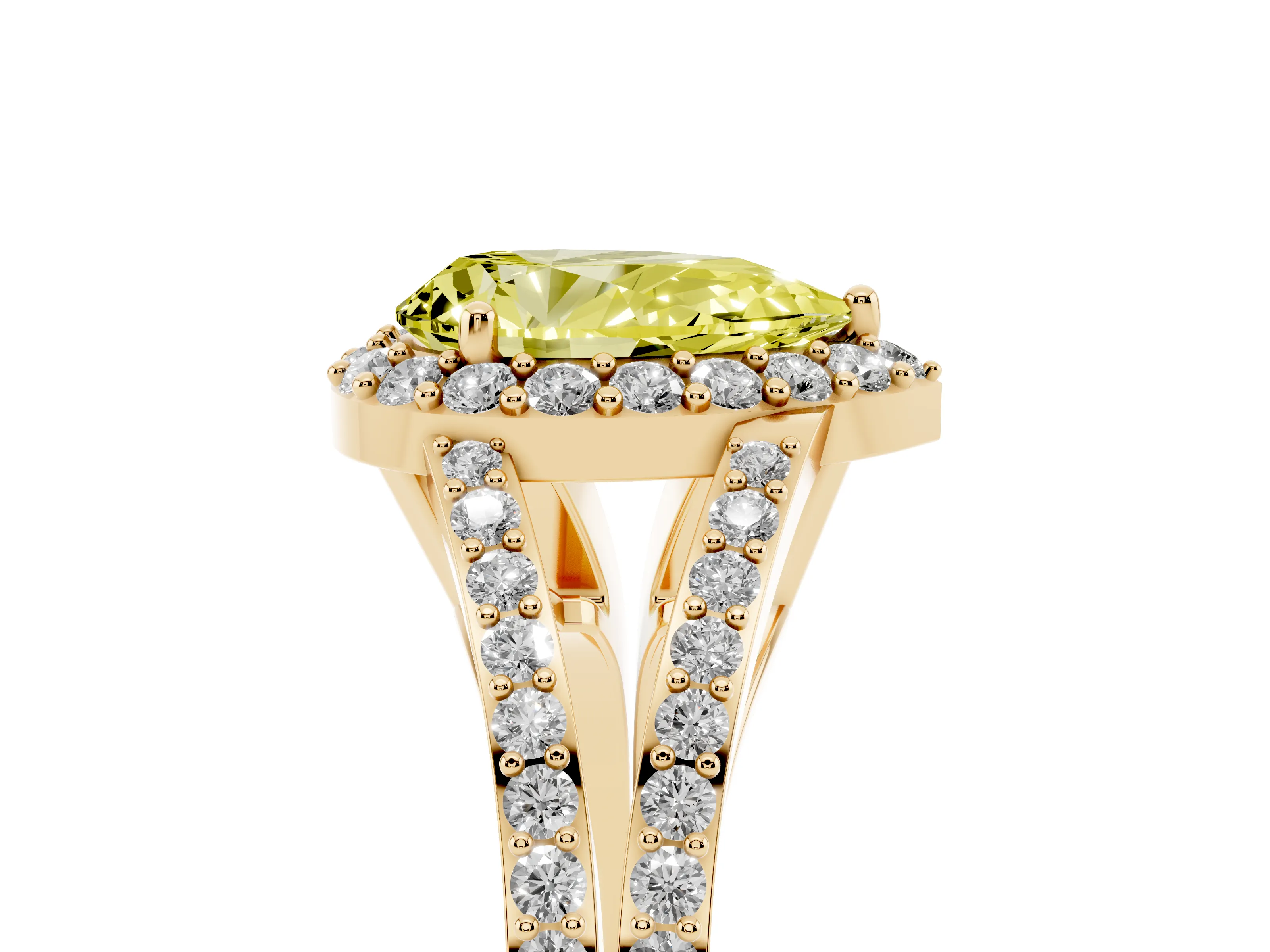 Fancy Yellow Pear Cut Diamond Halo Split Shank Pavé Ring Set in Yellow gold with Prong Setting