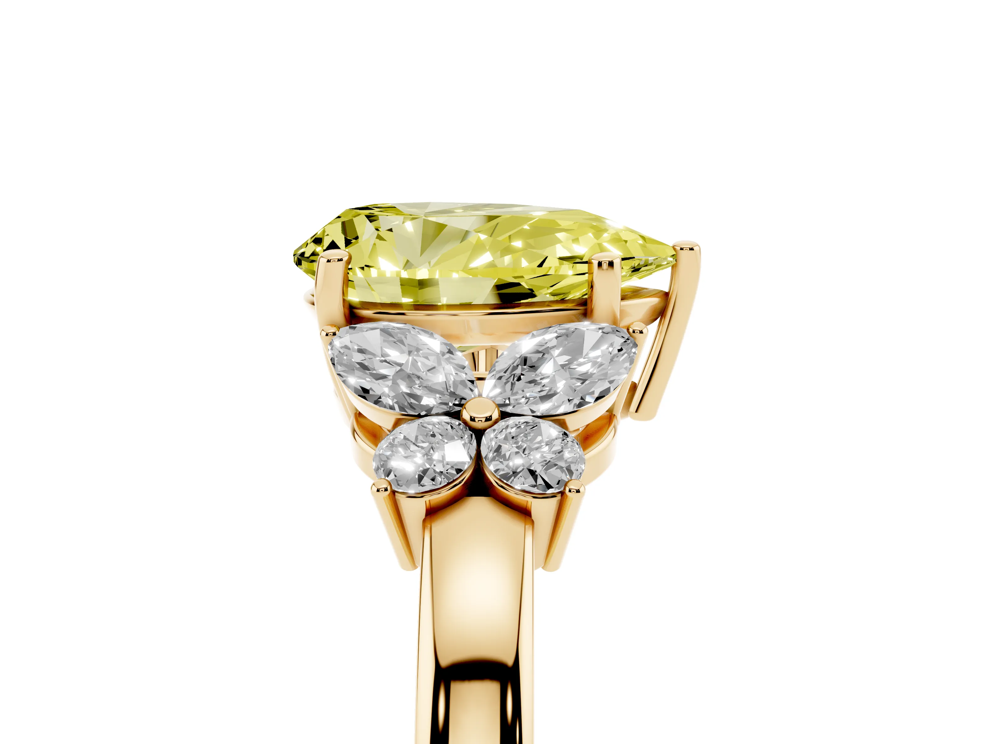 Fancy Yellow Pear Cut Diamond Solitaire Floral Ring Set in Yellow gold with Marquise Petals and Prong Setting