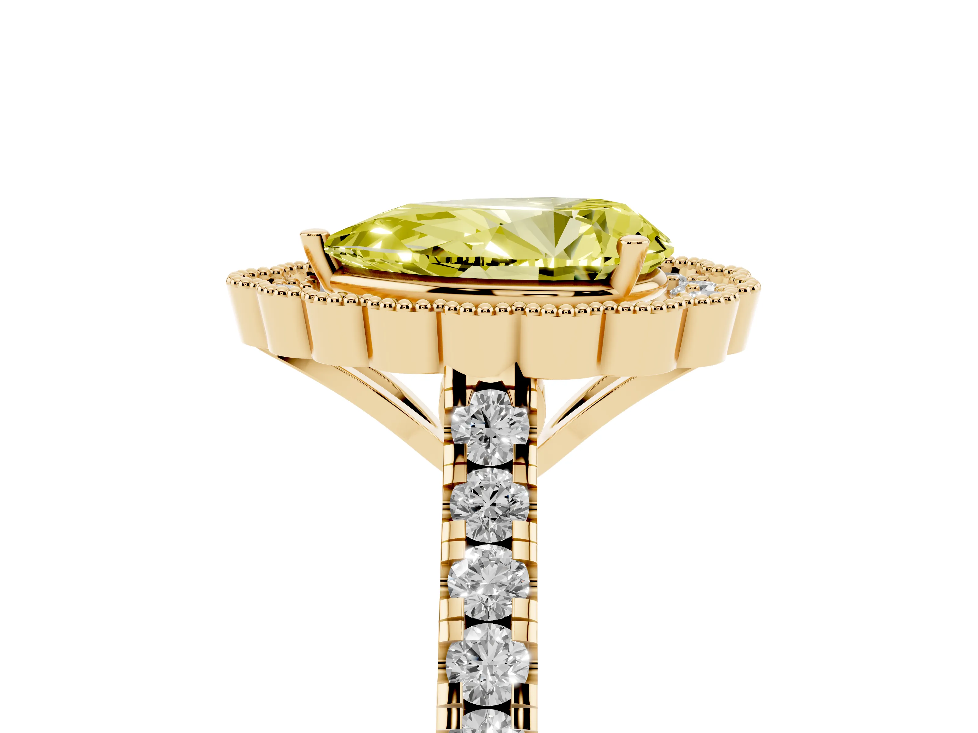 Fancy Yellow Pear Cut Diamond Milgrain Floral Halo Engagement Ring Set in Yellow gold with Pavé Band