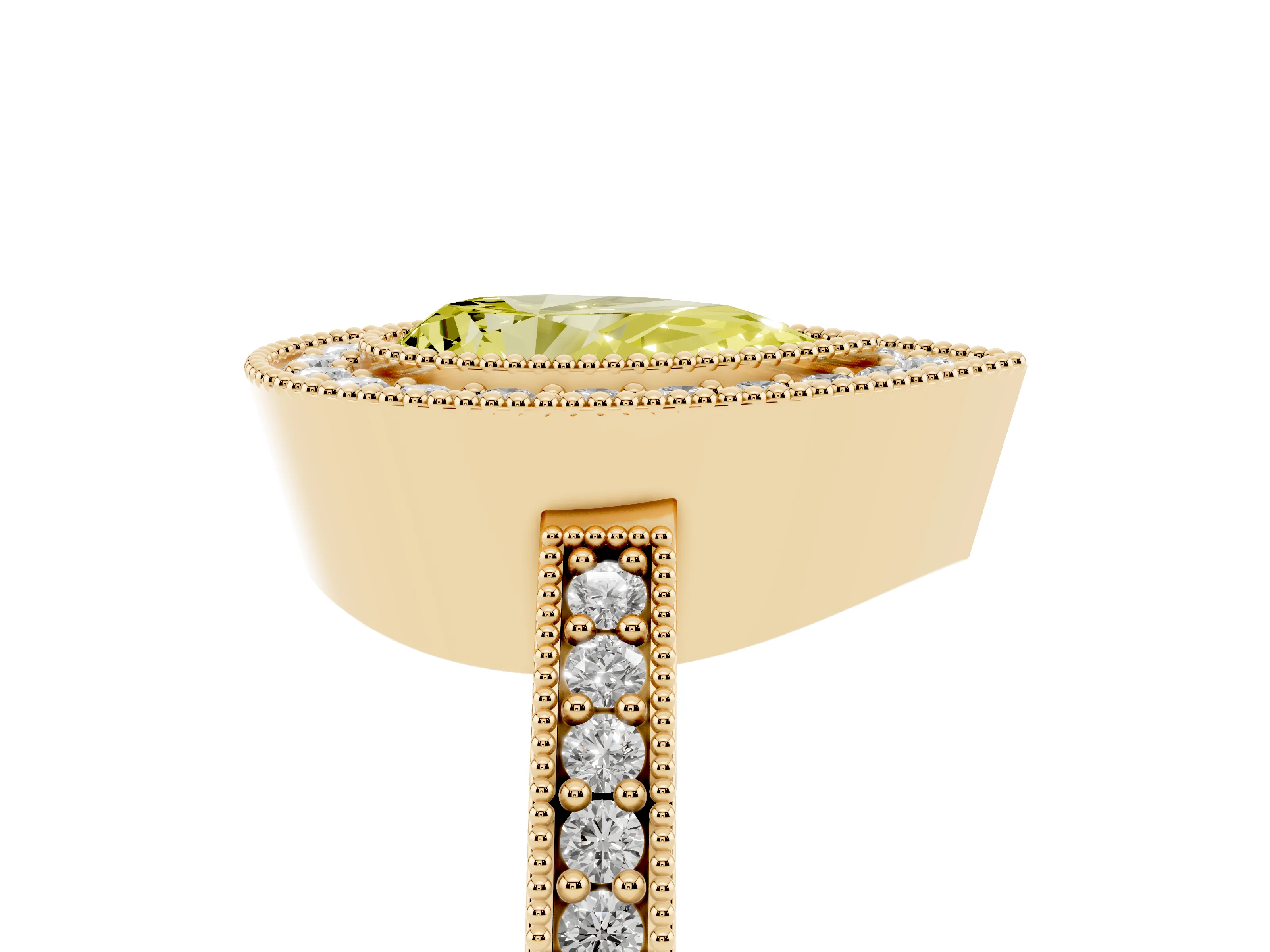 Fancy Yellow Pear Cut Diamond Halo Engagement Ring Set in Yellow gold with Pavé Band and Round Halo Stones