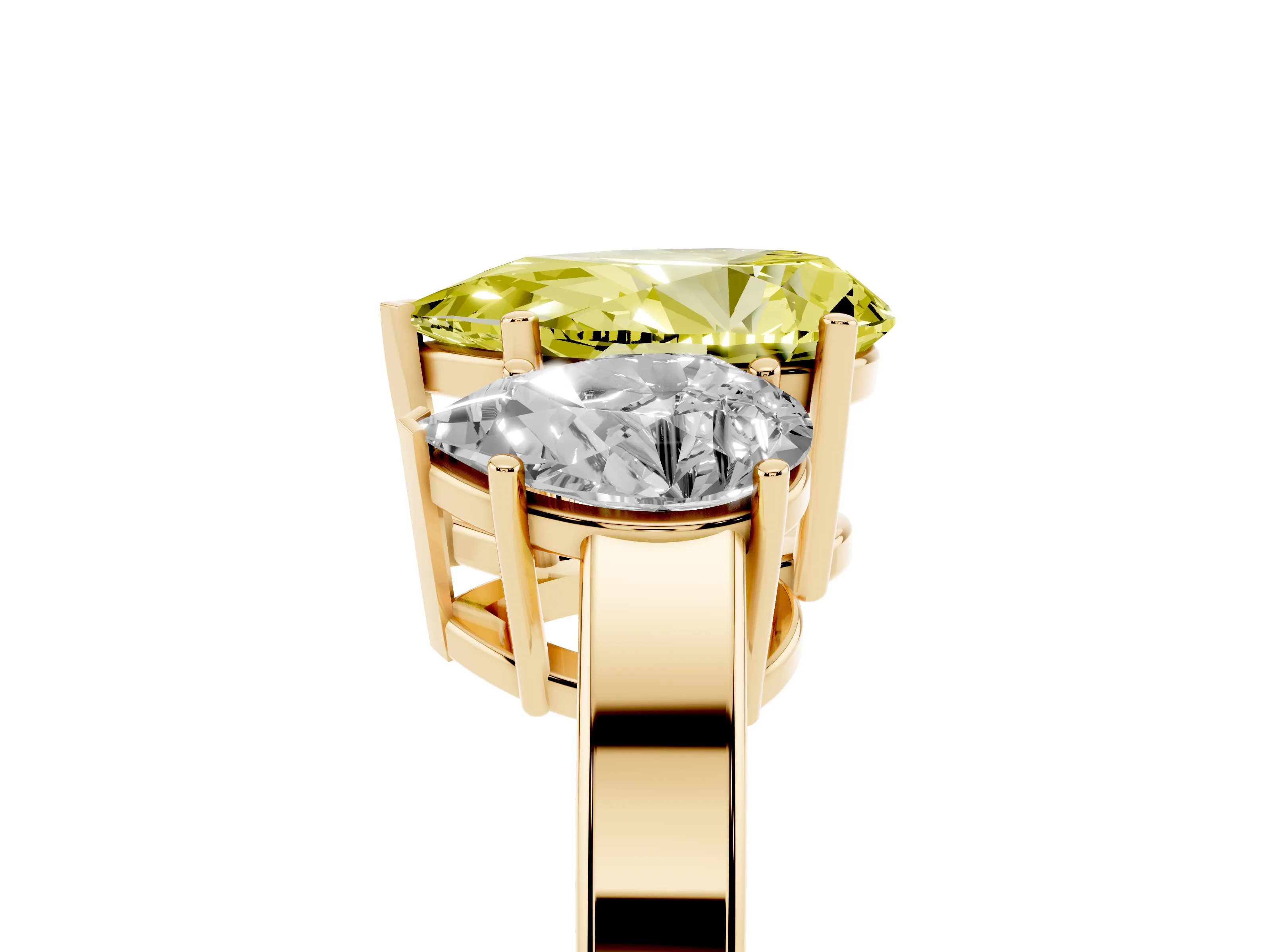Fancy Yellow Pear Cut Diamond Three-Stone Engagement Ring Set in Yellow gold with Flat Band