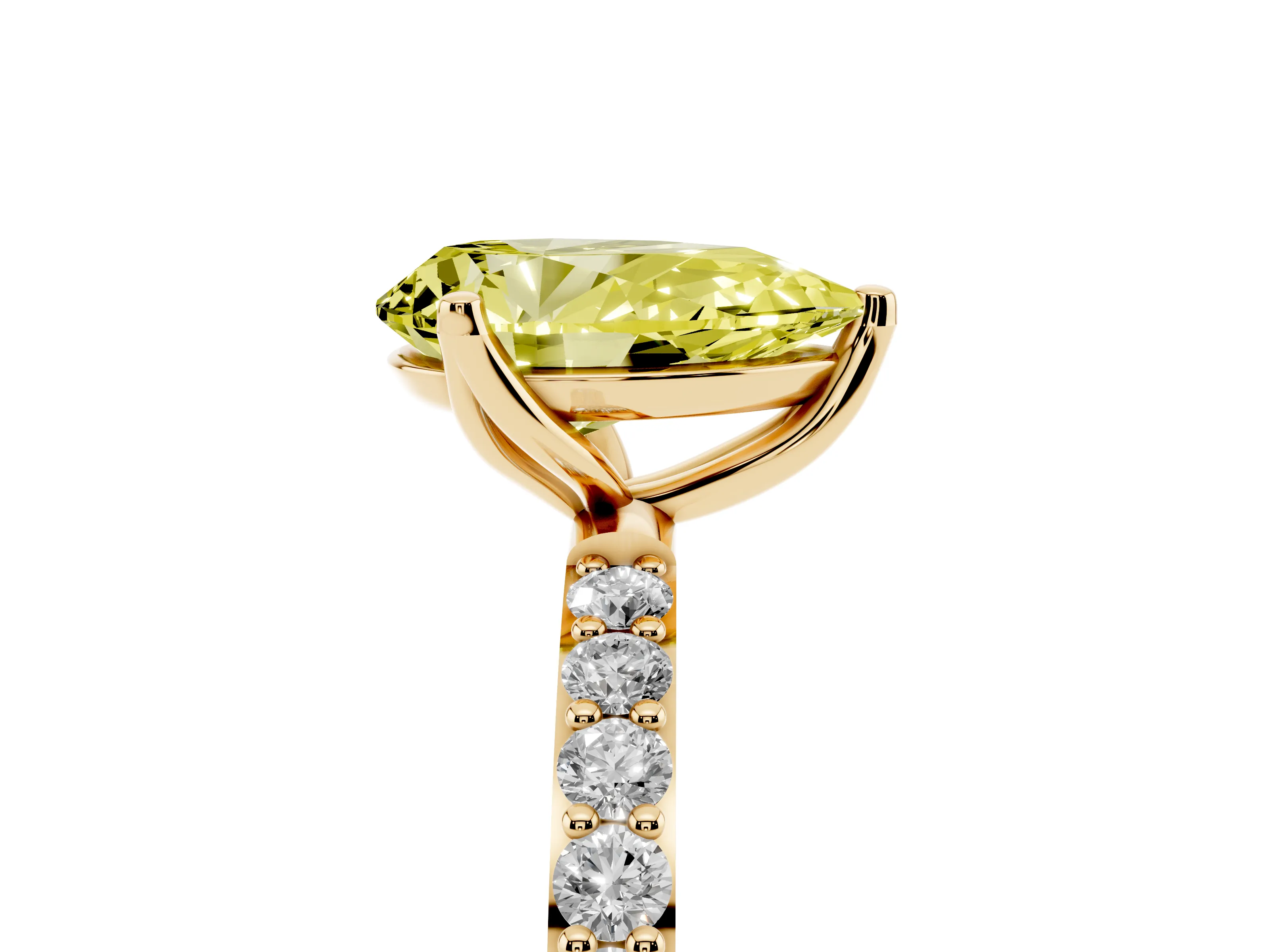 Fancy Yellow Pear Cut Diamond Solitaire Engagement Ring Set in Yellow gold with Round Pavé Band and Prong Setting