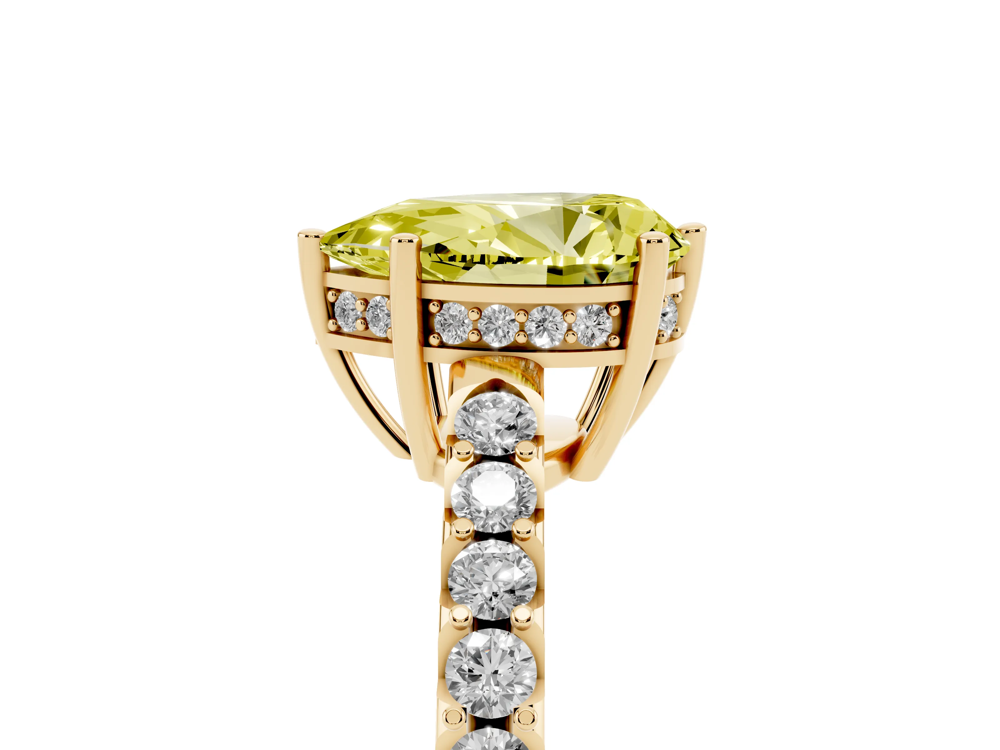 Fancy Yellow Pear Cut Diamond Solitaire Engagement Ring Set in Yellow gold with Pavé Band and Prong Setting