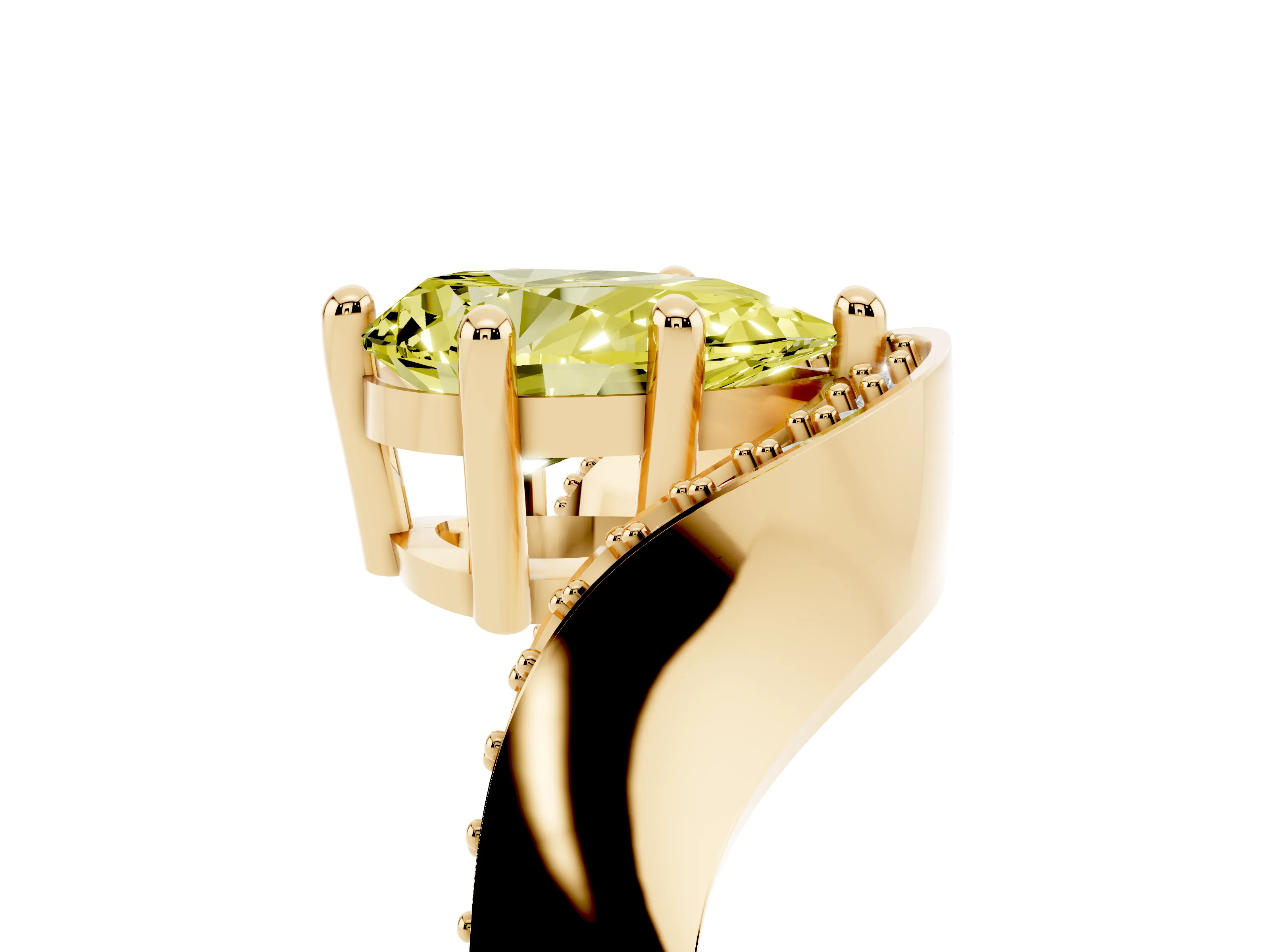 Fancy Yellow Pear Cut Diamond Solitaire Engagement Ring Set in Yellow gold with Pavé Shoulders