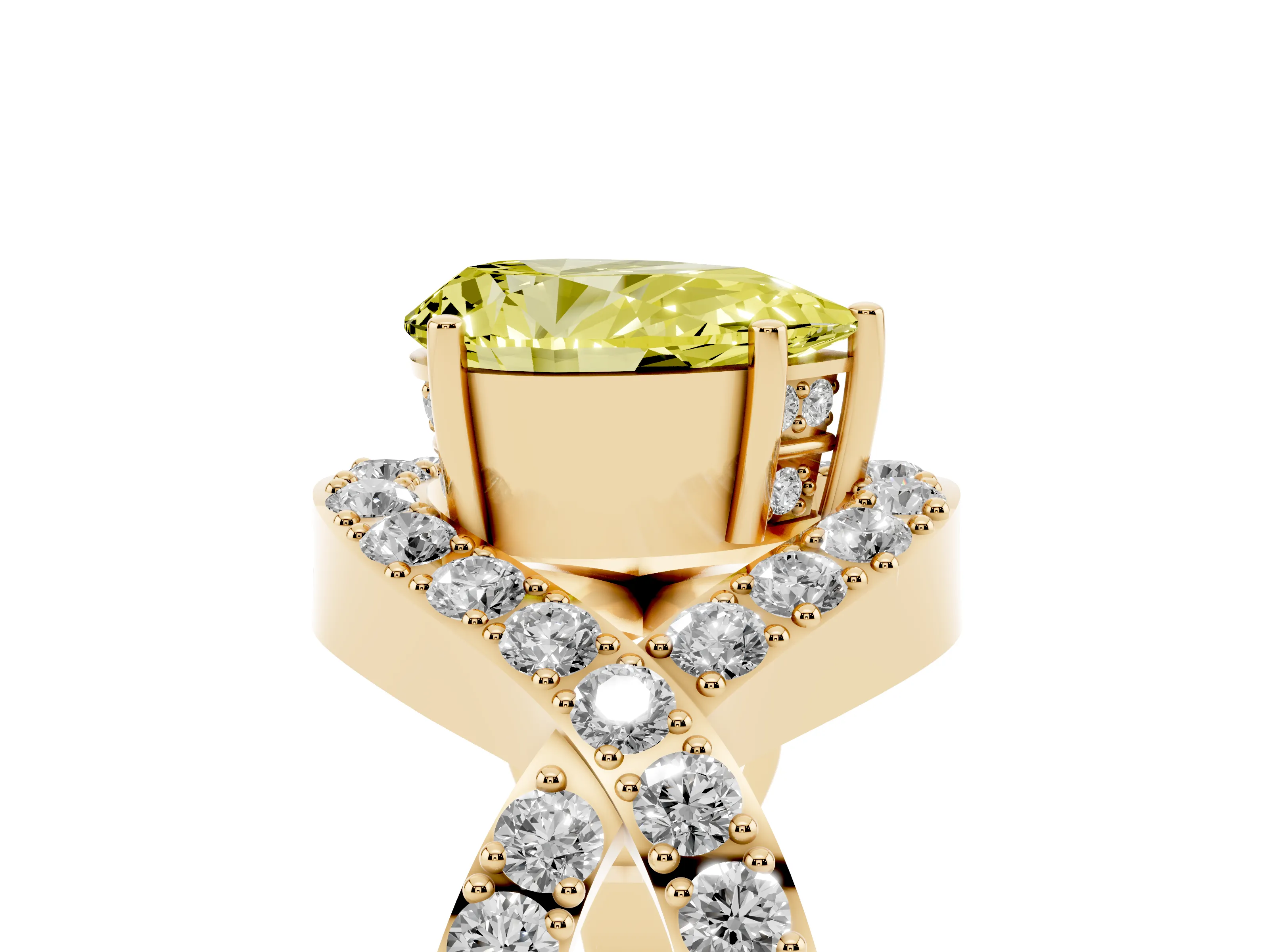 Fancy Yellow Pear Cut Diamond Solitaire Twist Band Pavé Engagement Ring Set in Yellow gold