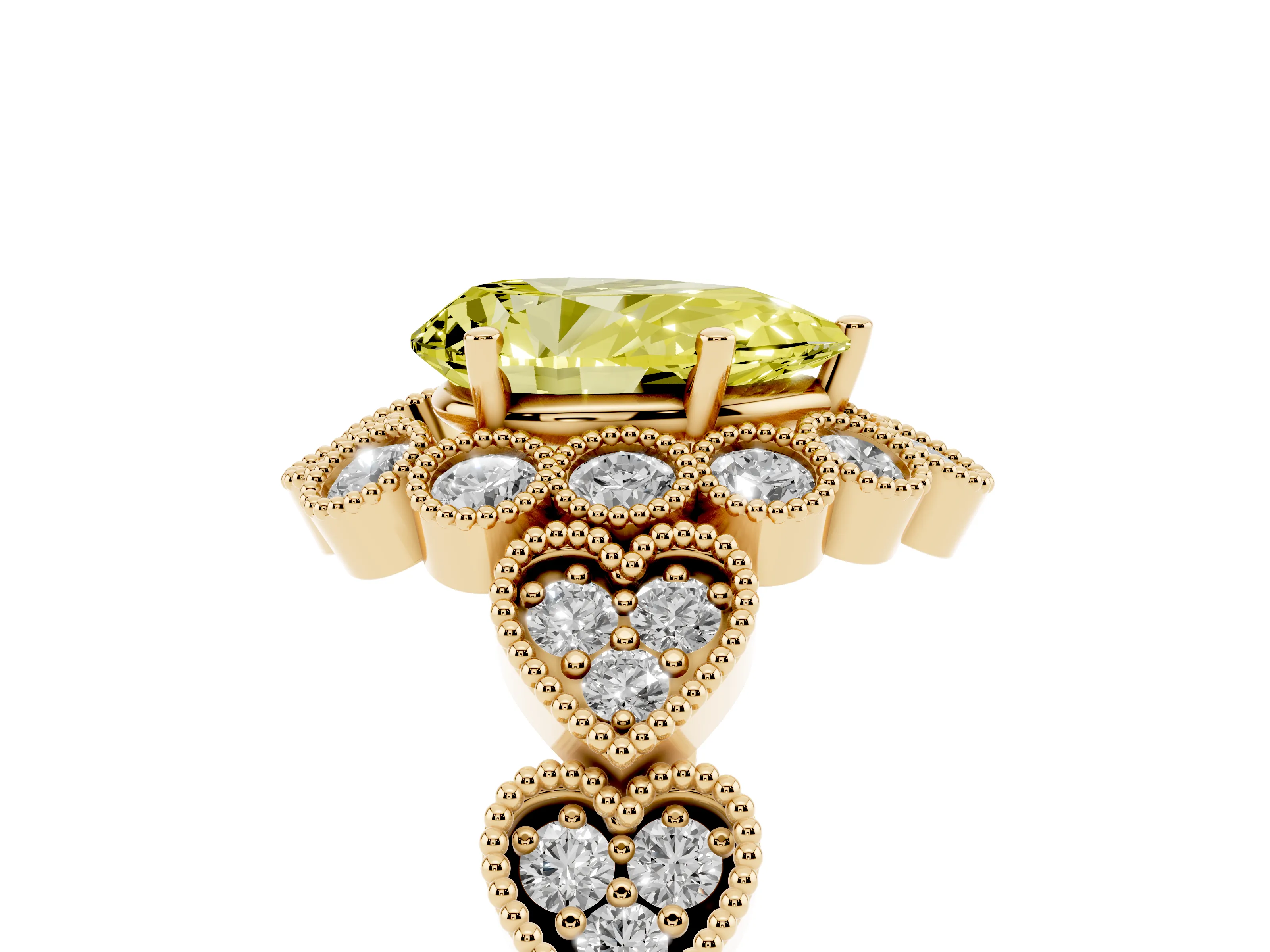 Fancy Yellow Pear Cut Diamond Solitaire Ring Set in Yellow gold with Milgrain Pavé Heart Band