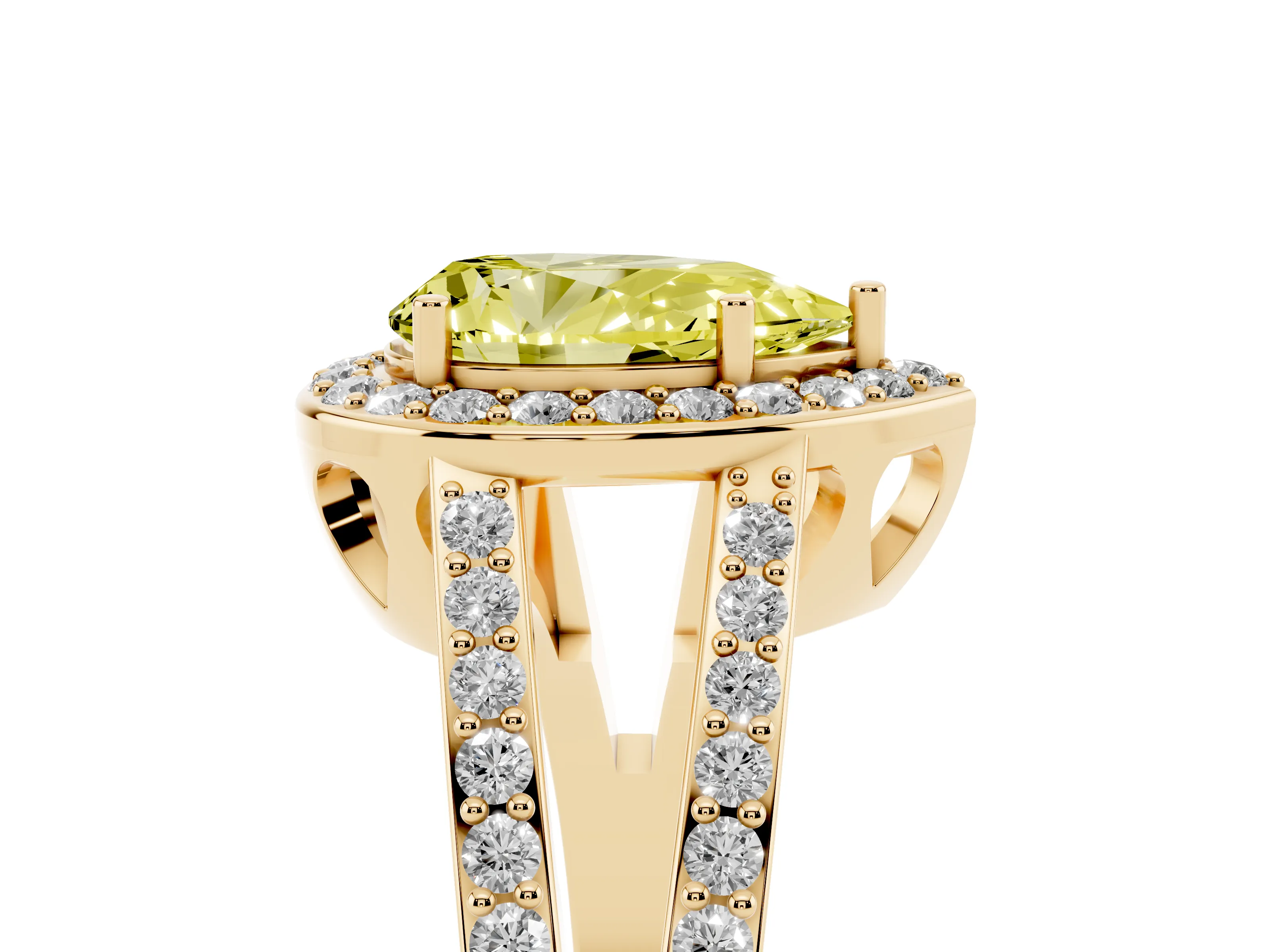 Fancy Yellow Pear Cut Diamond Halo Ring Set in Yellow gold with U-Prong Split Shank and Prong Setting