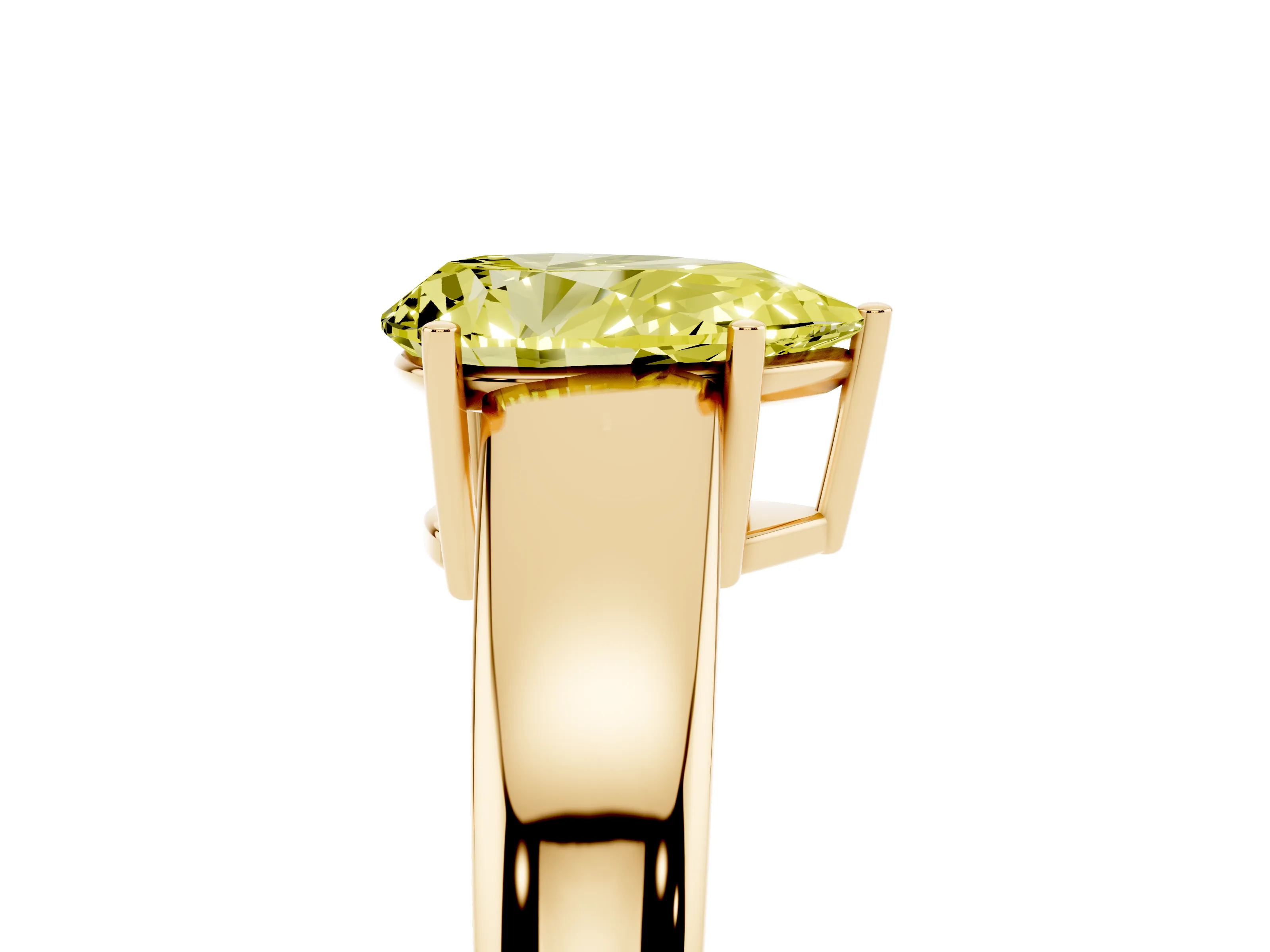 Fancy Yellow Pear Cut Diamond Solitaire Ring Set in Yellow gold with Tapered Band and Prong Setting