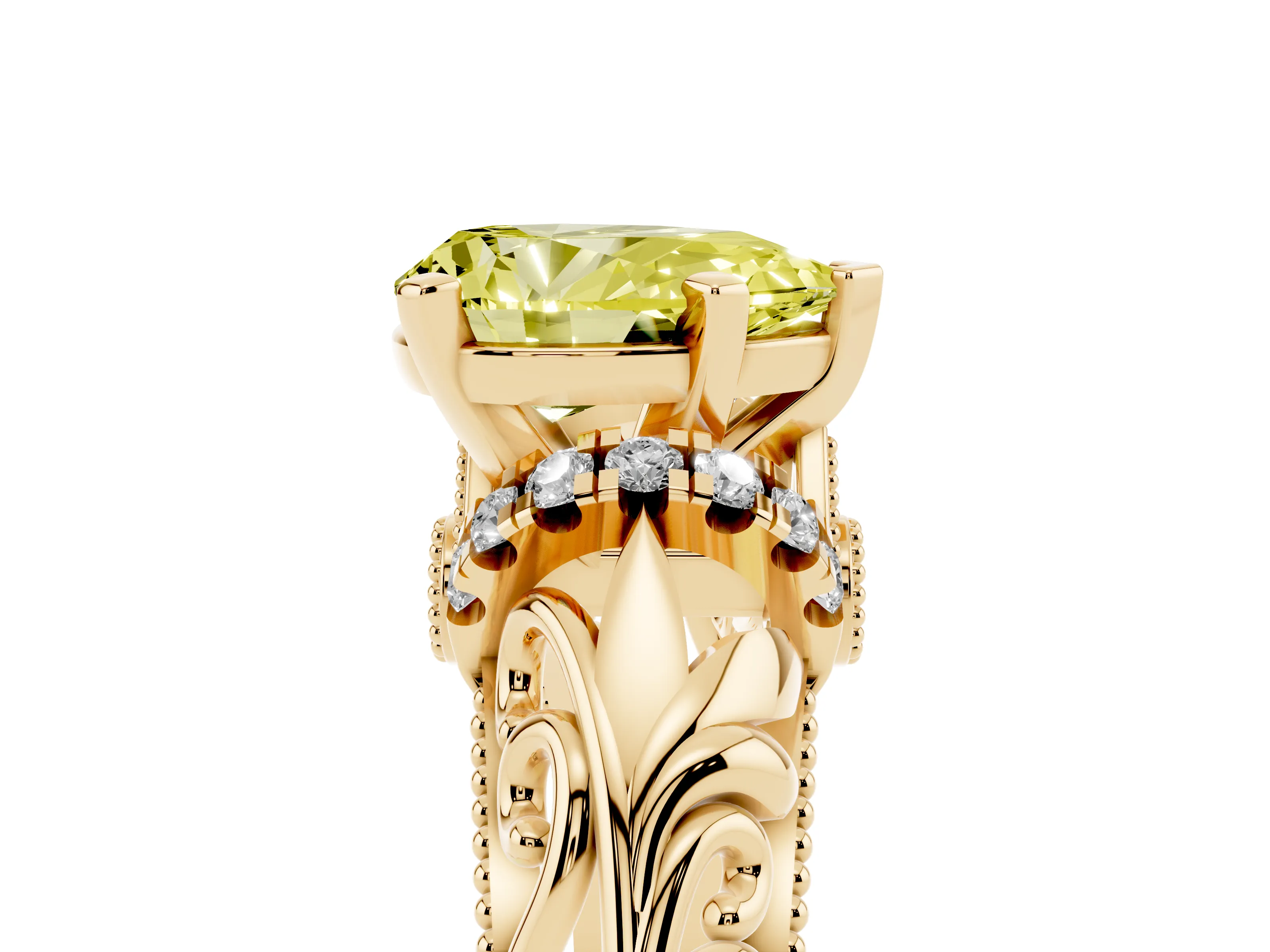Fancy Yellow Pear Cut Diamond Filigree Halo Engagement Ring Set in Yellow gold with Prong Setting