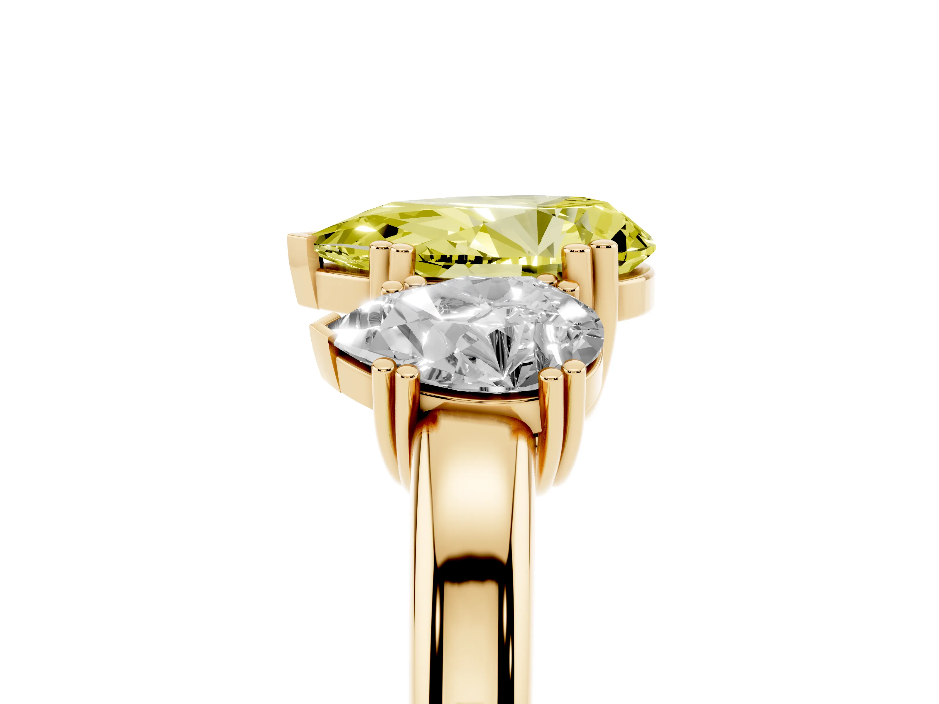 Fancy Yellow Pear Cut Diamond Three-Stone Ring Set in Yellow gold with Polished Channel-Set Band