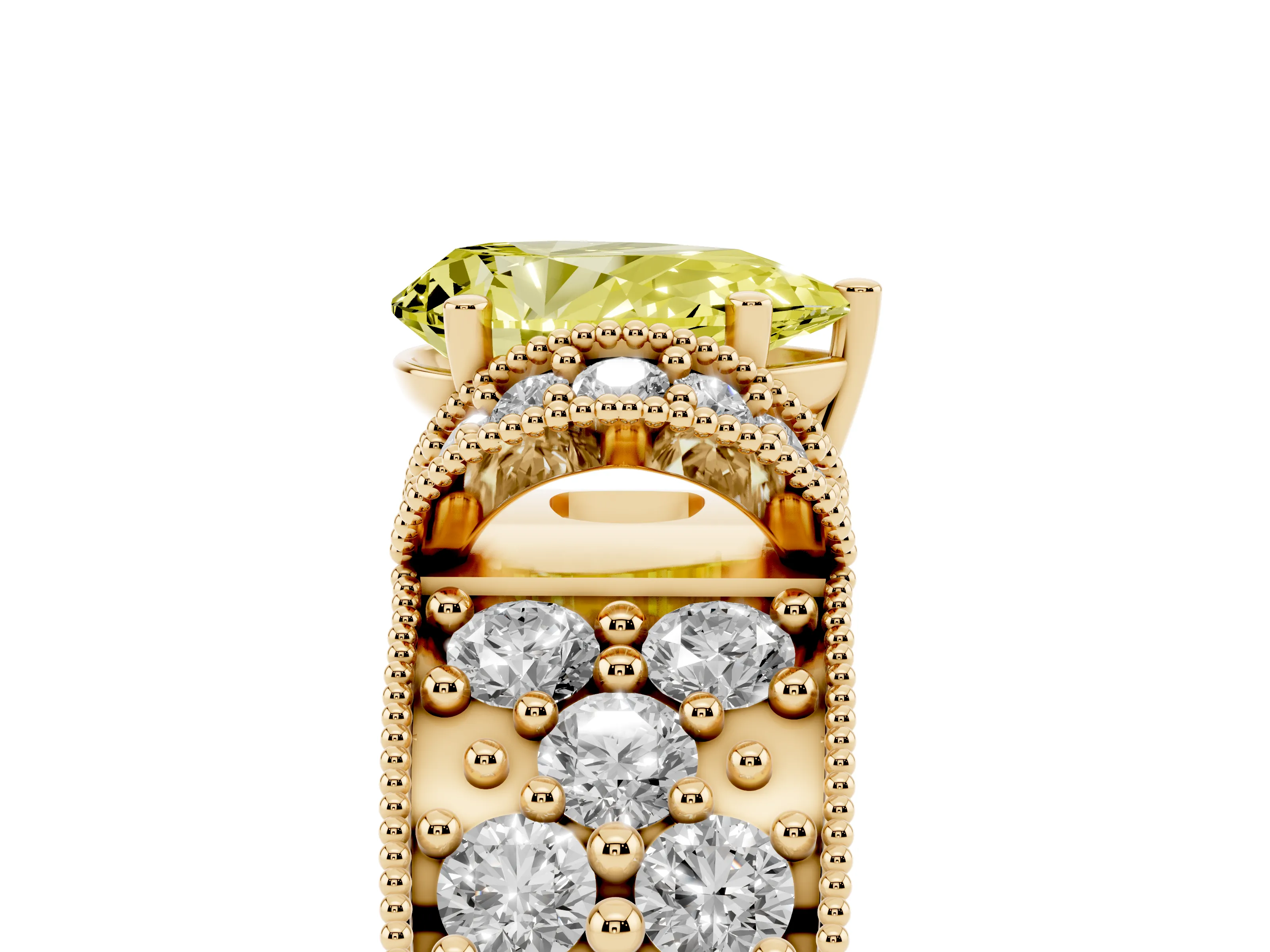 Fancy Yellow Pear Cut Diamond Milgrain Halo Pavé Engagement Ring Set in Yellow gold with Prong Setting