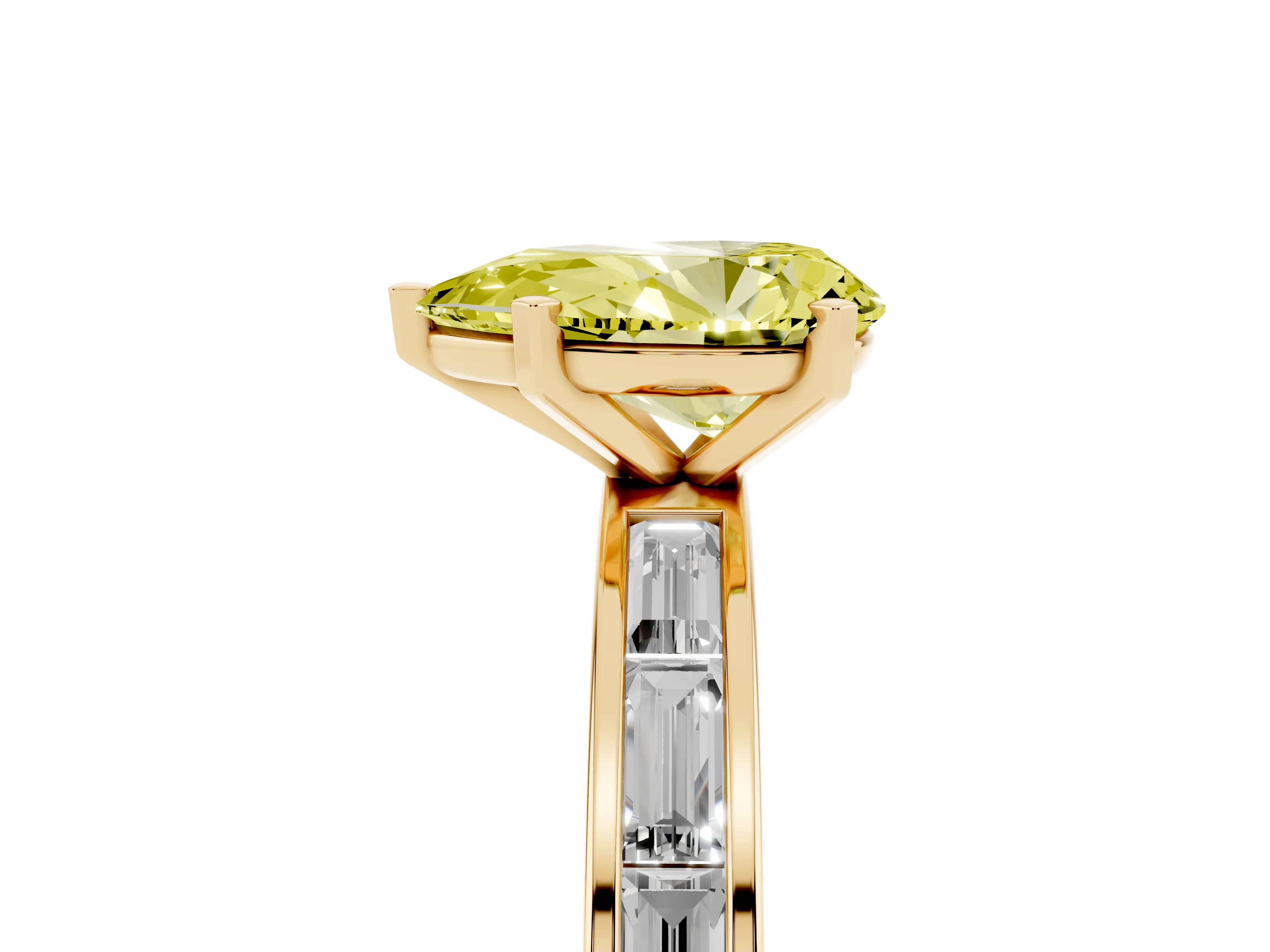 Fancy Yellow Pear Cut Diamond Solitaire Ring Set in Yellow gold with Channel-Set Baguette Band and Prong Setting