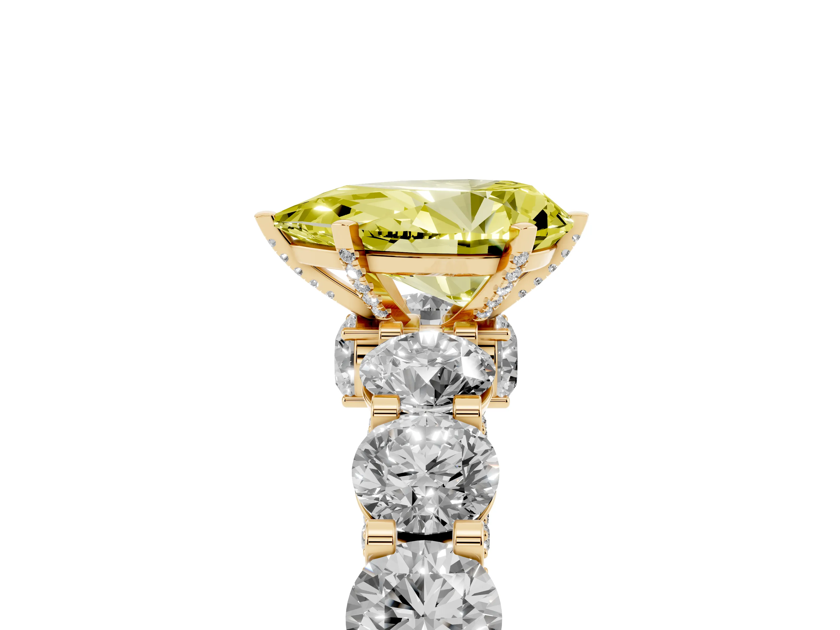 Fancy Yellow Pear Cut Diamond Side Stone Ring Set in Yellow gold with Alternating Round and Oval Side Stones