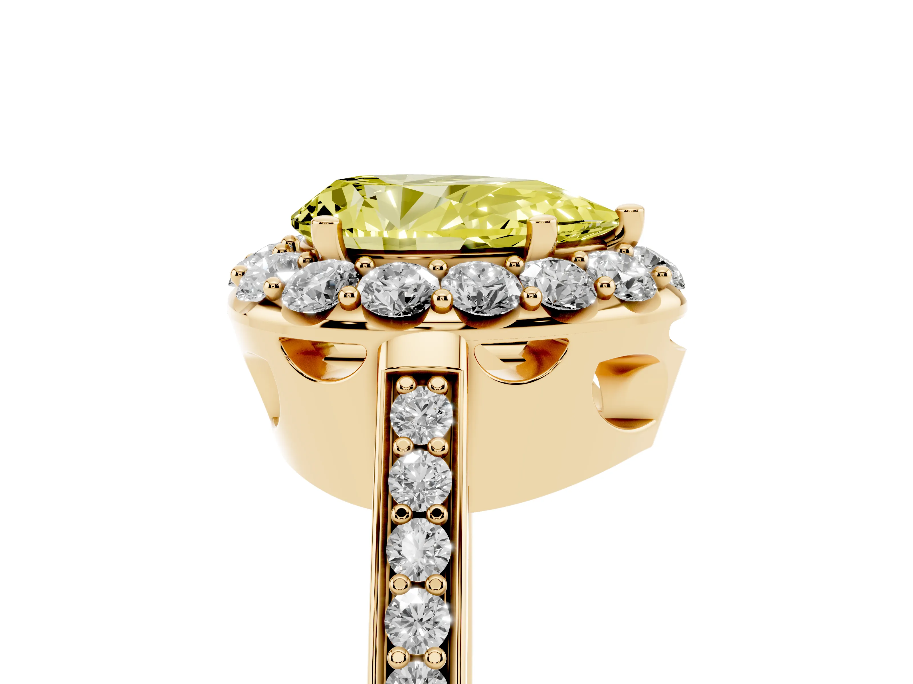 Fancy Yellow Pear Cut Diamond Floral Halo Ring Set in Yellow gold with Pavé Band and Prong Setting