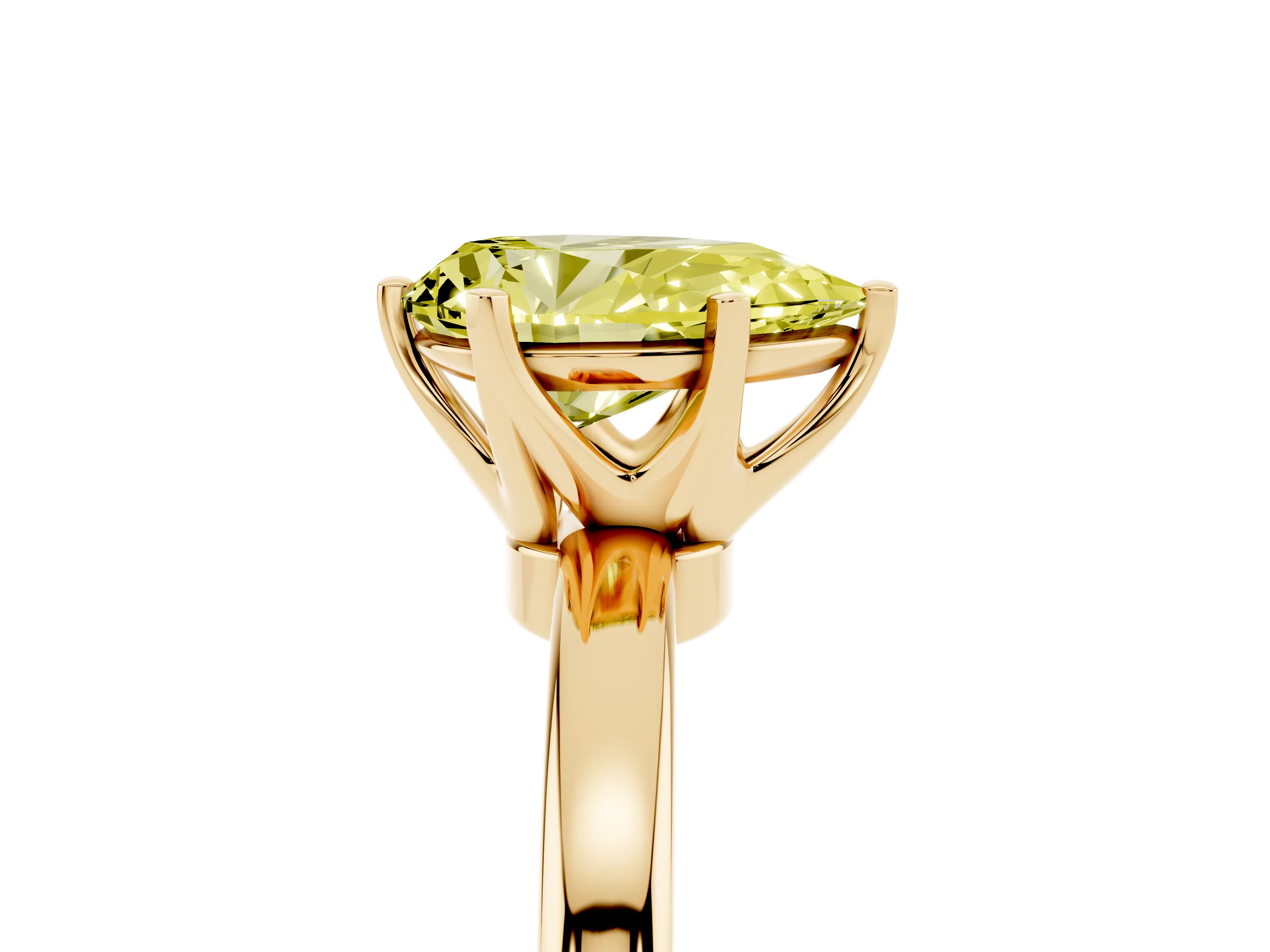 Fancy Yellow Pear Cut Diamond Solitaire Ring Set in Yellow gold with Raised Prong Setting on a Classic Band