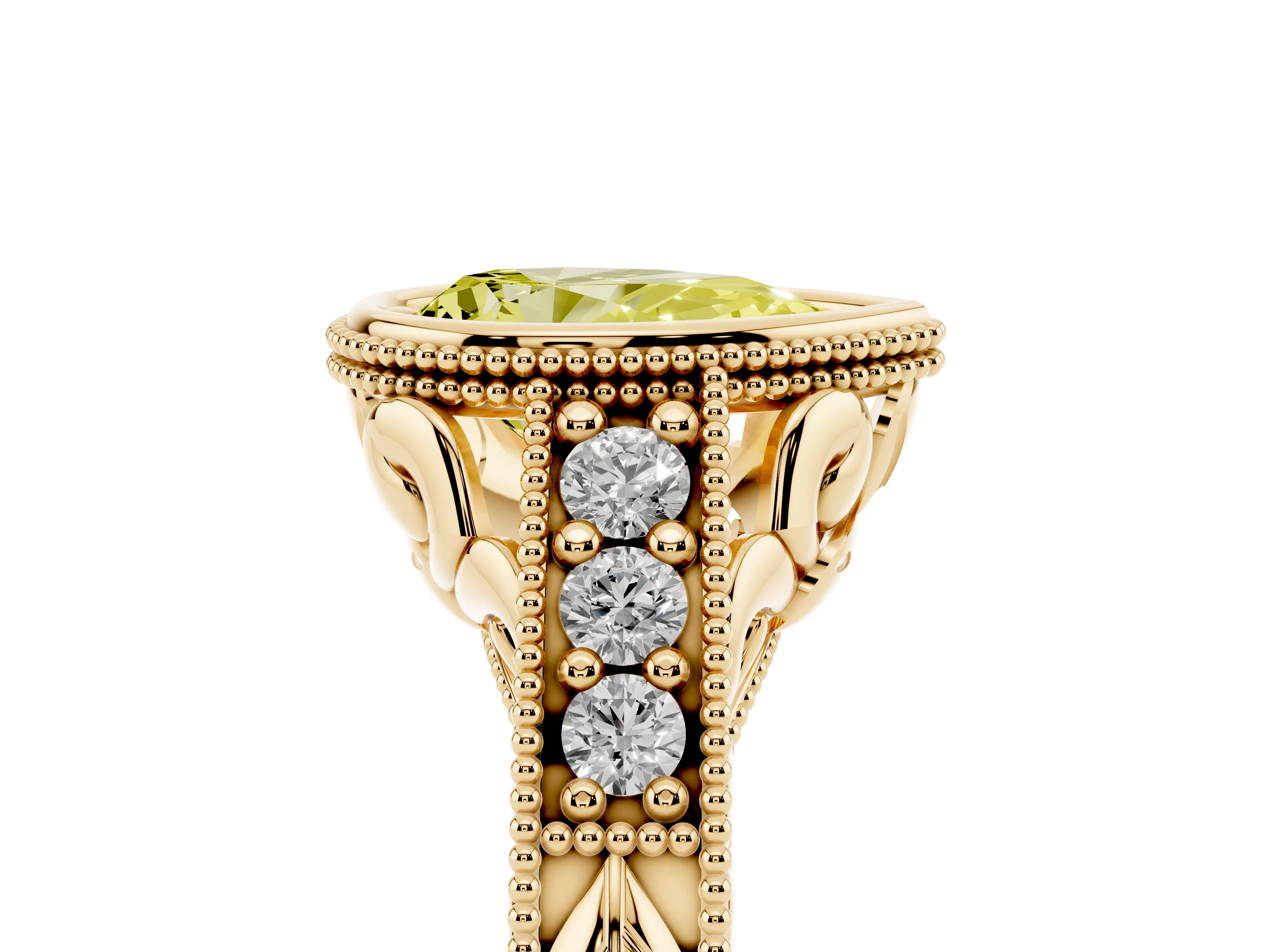 Fancy Yellow Bezel Set Pear Cut Diamond Milgrain Pavé Engagement Ring Set in Yellow gold