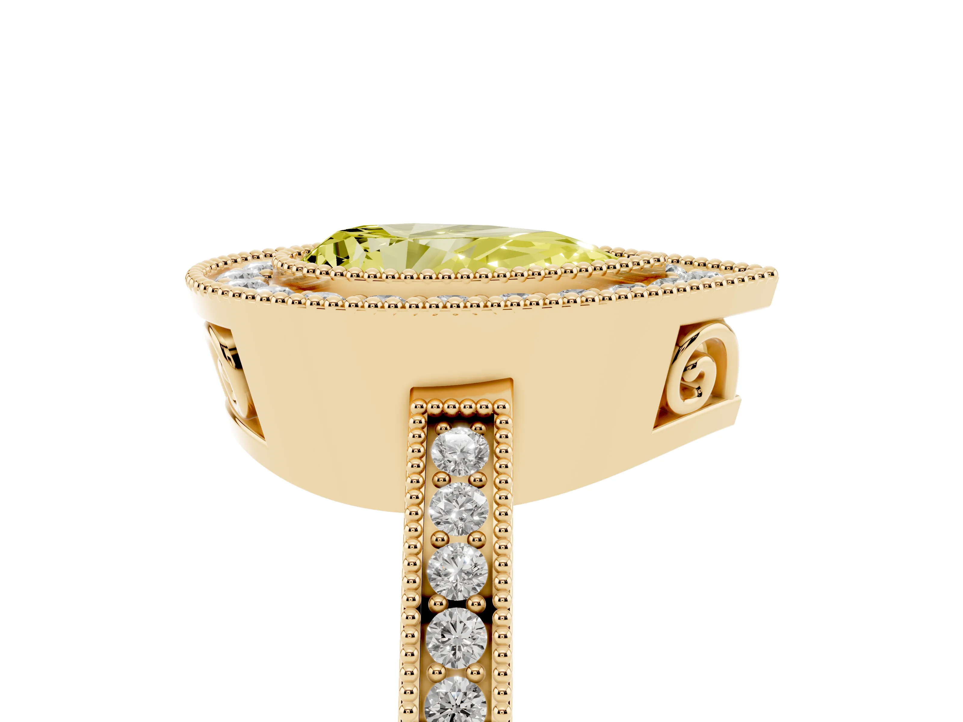Fancy Yellow Pear Cut Diamond Halo Ring Set in Yellow gold with Pavé Band and Milgrain-Edged Prongs