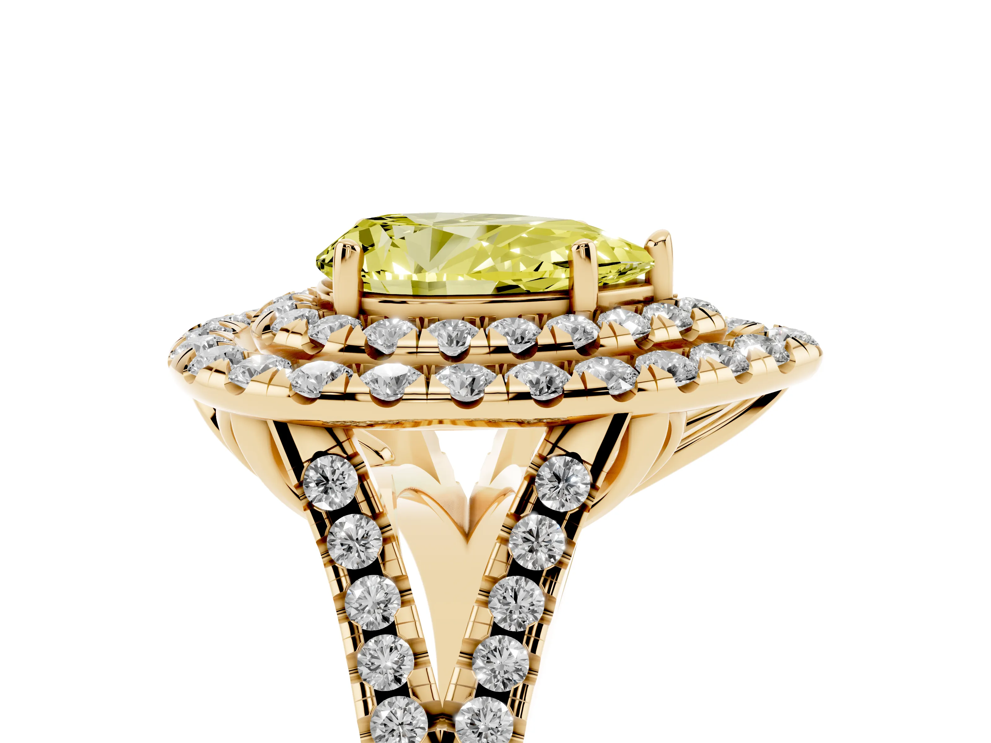 Fancy Yellow Pear Cut Diamond Double Halo Ring Set in Yellow gold with Pavé Split Shank and Prong Setting