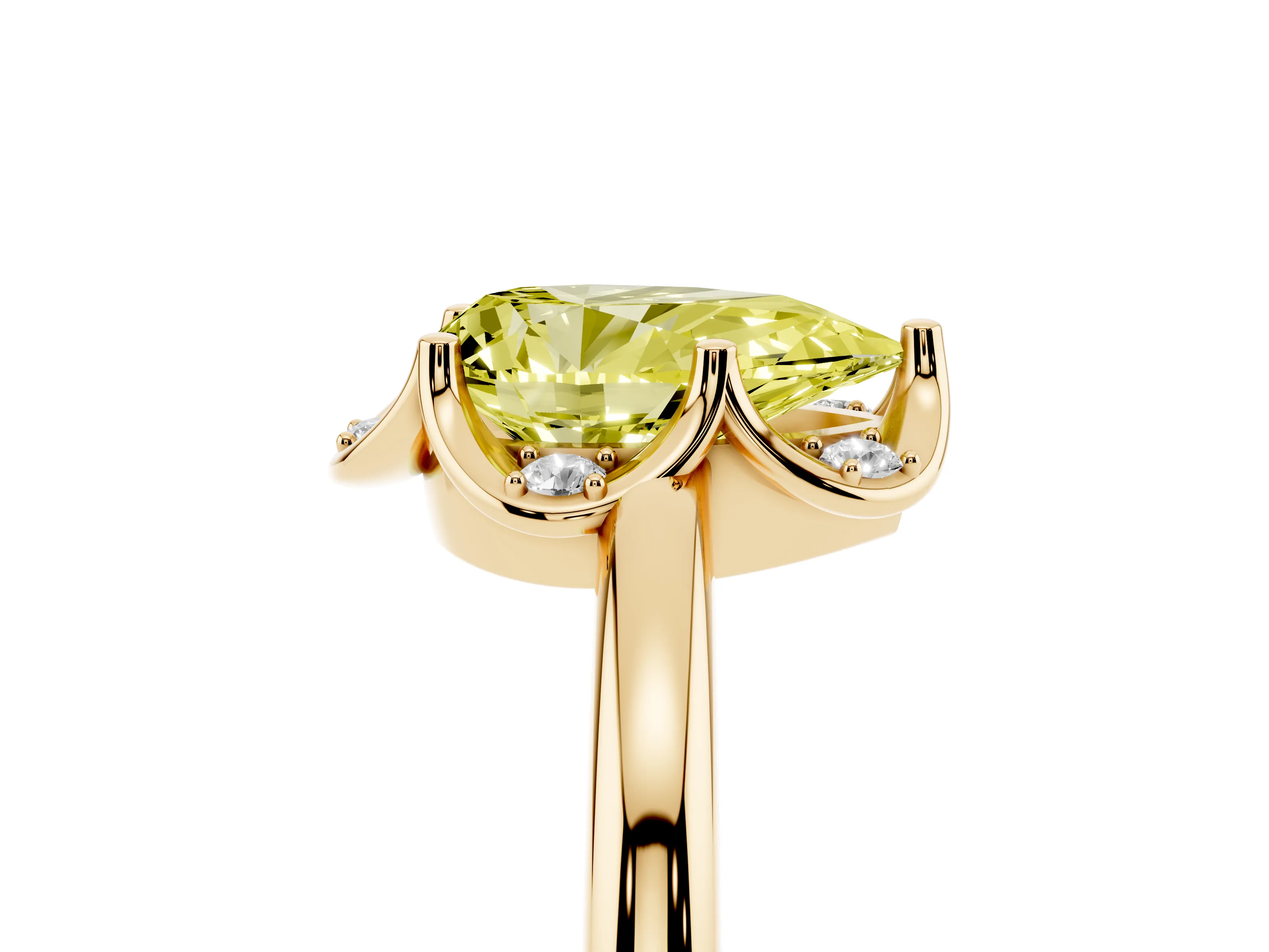 Fancy Yellow Pear Cut Diamond Round Cluster Halo Ring Set in Yellow gold with Solitaire Band and Prong Setting