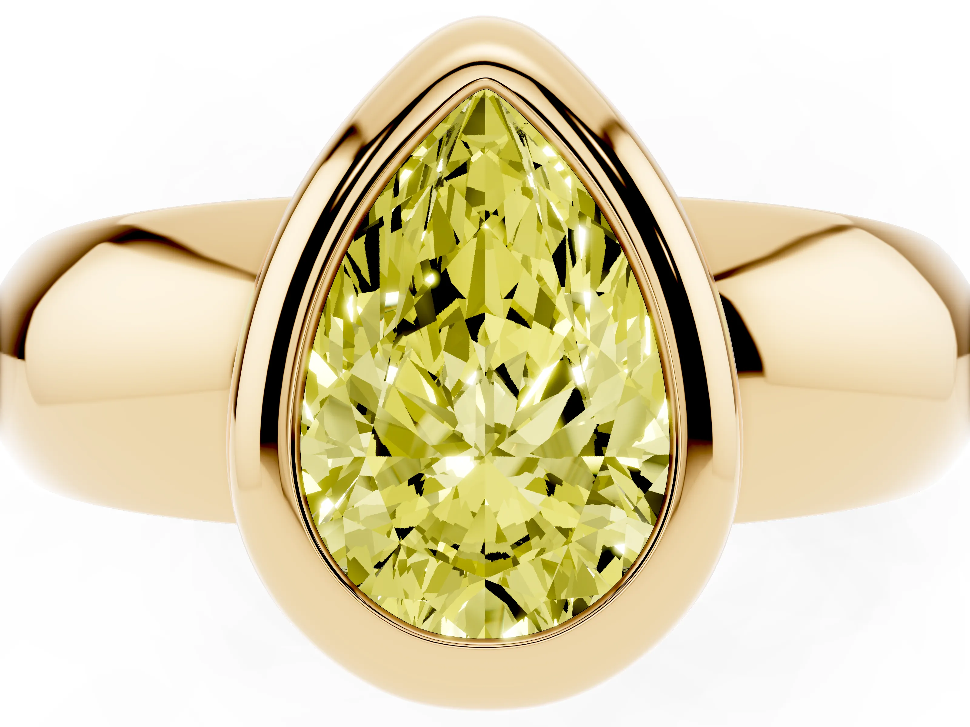Fancy Yellow Bezel Set Pear Cut Diamond Solitaire Ring Set in Yellow gold with Wide Band