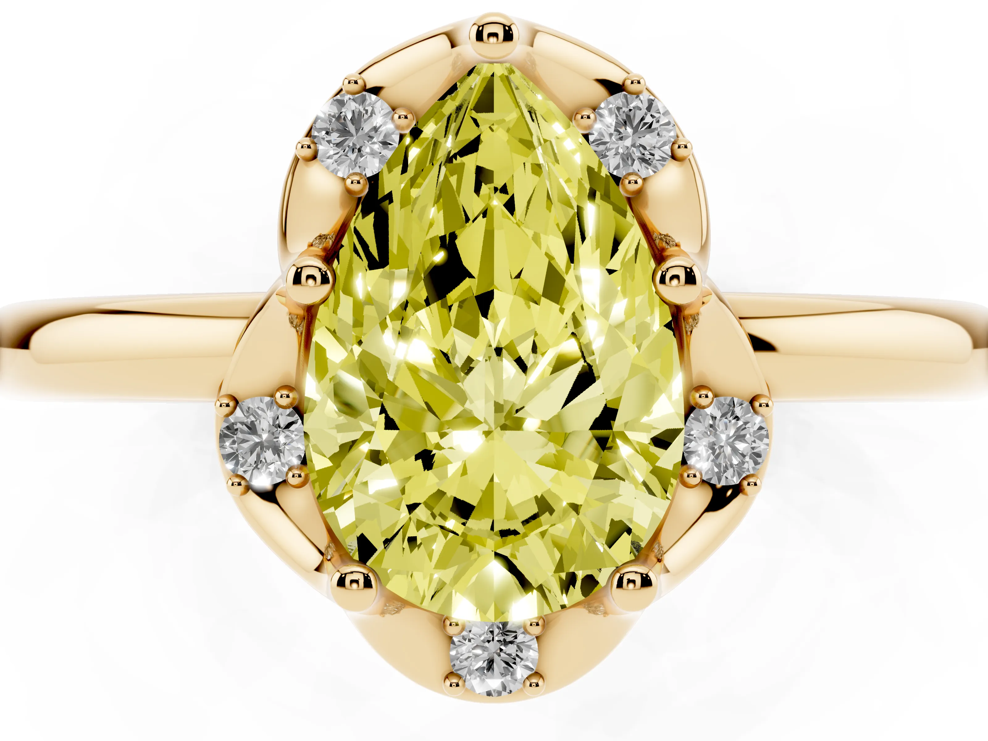 Fancy Yellow Pear Cut Diamond Round Cluster Halo Ring Set in Yellow gold with Solitaire Band and Prong Setting